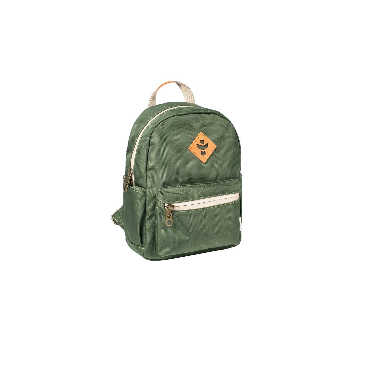 Green backpack with a brand logo on a white background