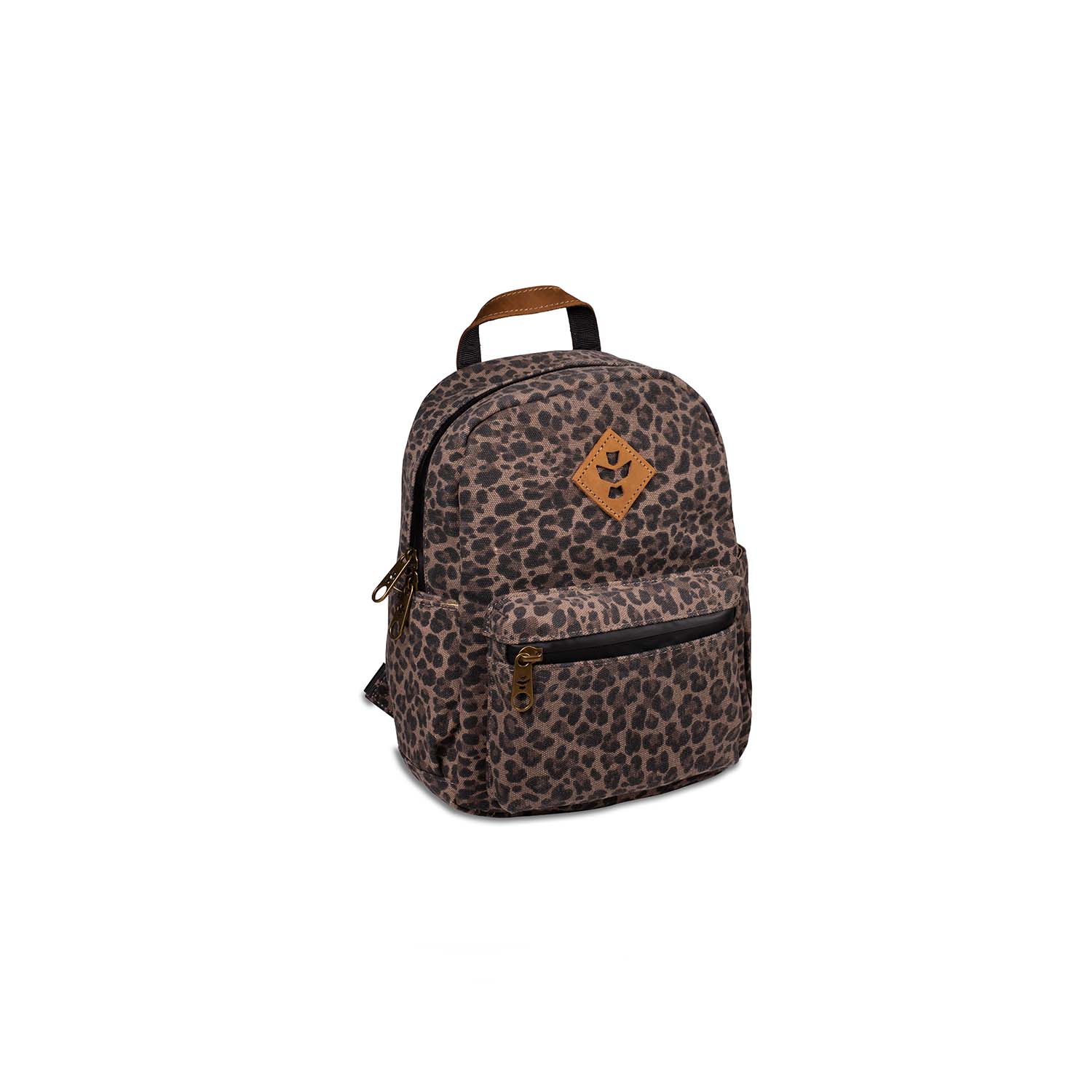 Leopard print backpack with a brand logo on a white background