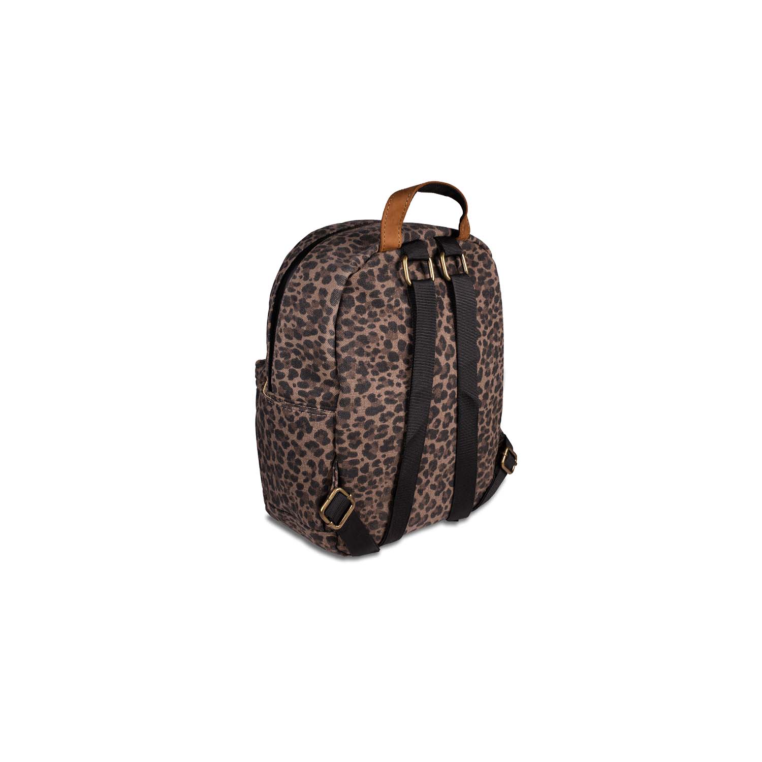 Leopard print backpack with brown straps on a white background