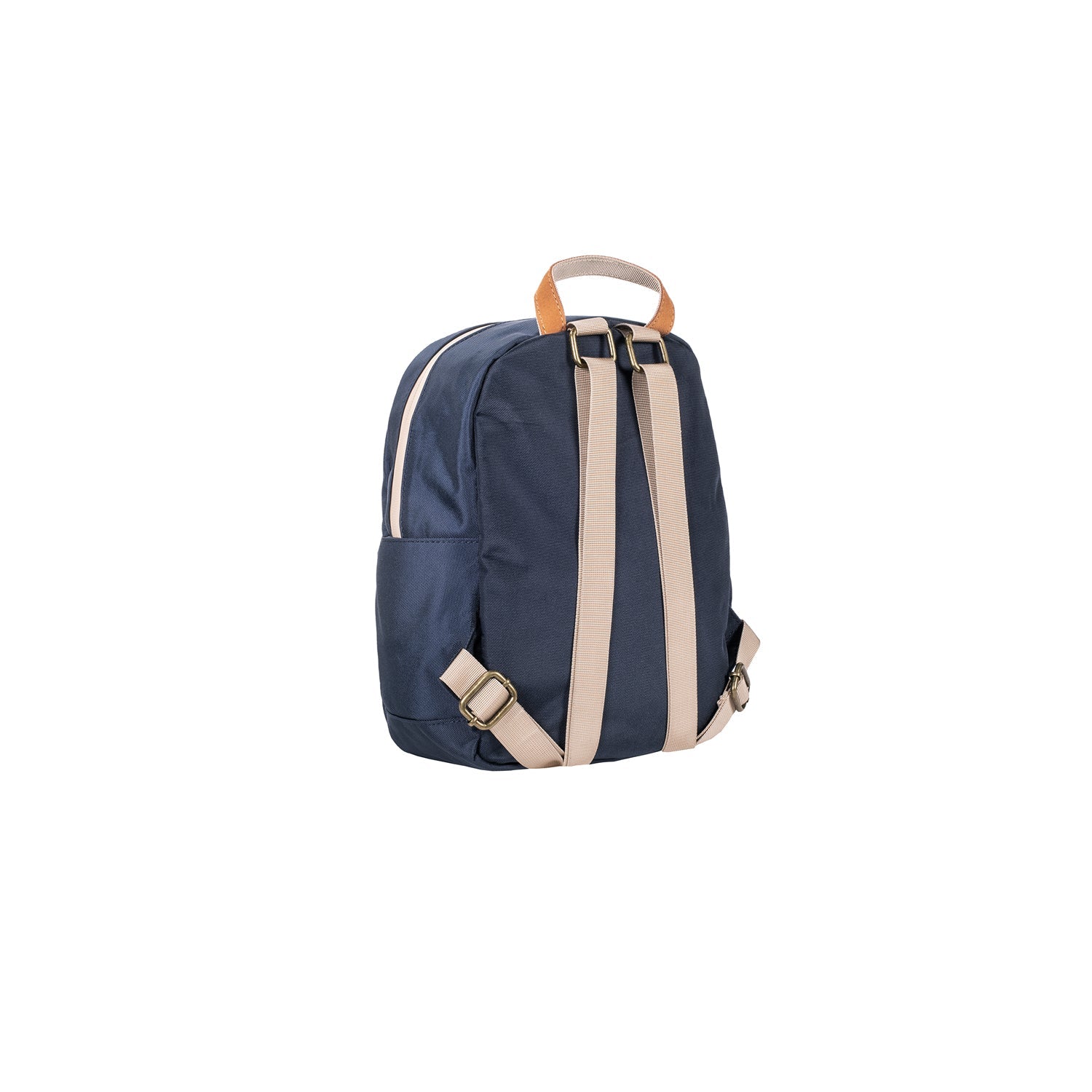 Navy blue backpack with beige straps on a white background