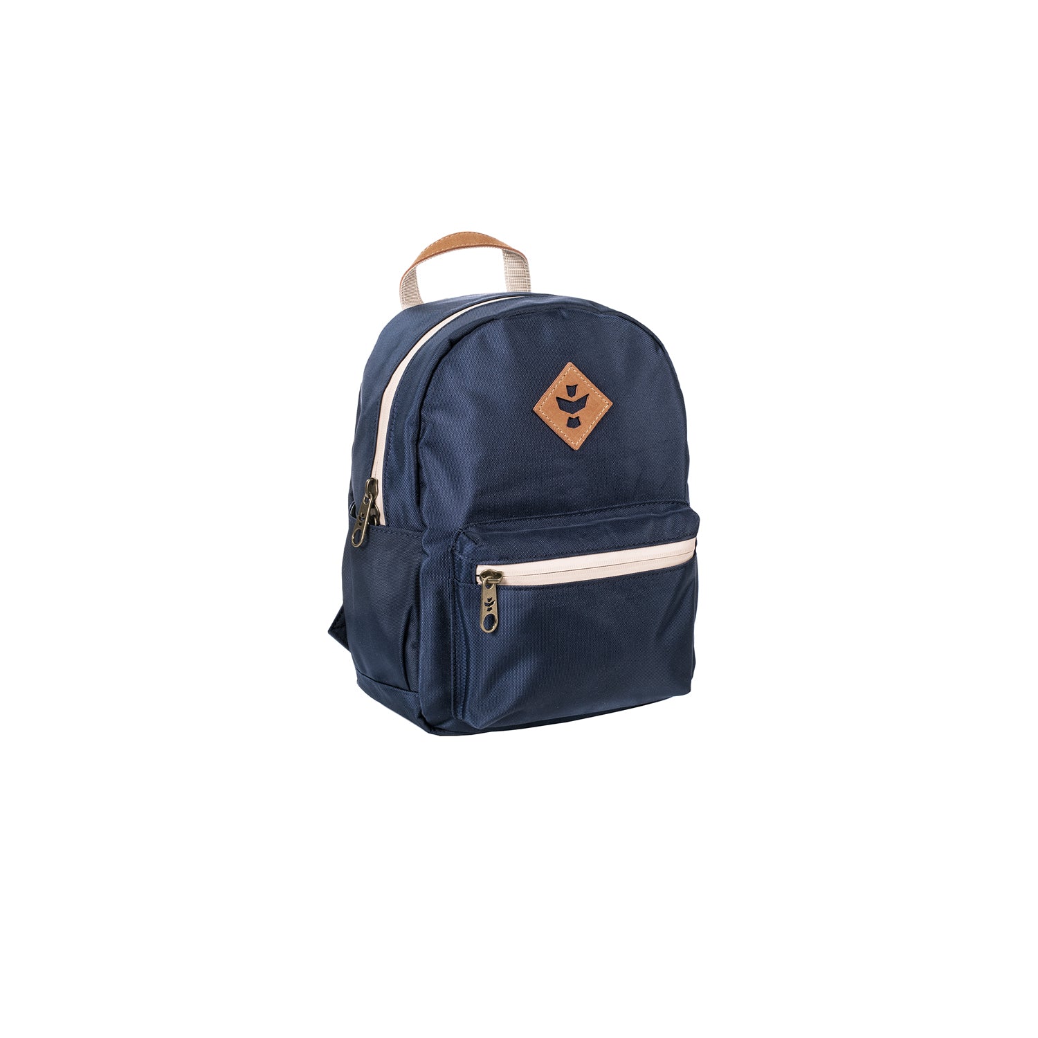 Navy blue backpack with a brown leather patch on a white background