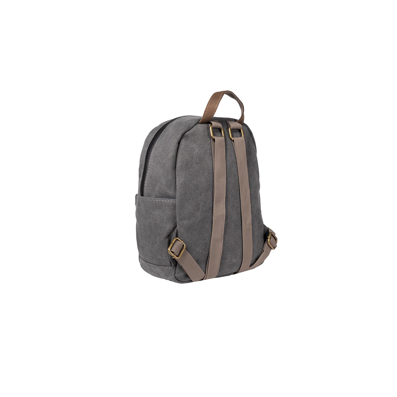 Gray backpack with brown straps on a white background