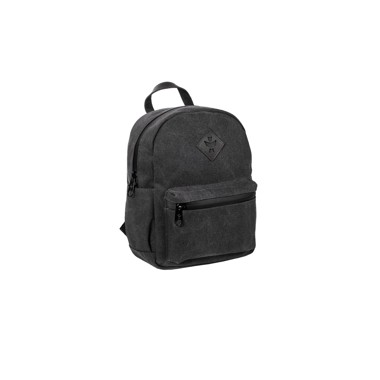 Black backpack with a brand logo on a white background