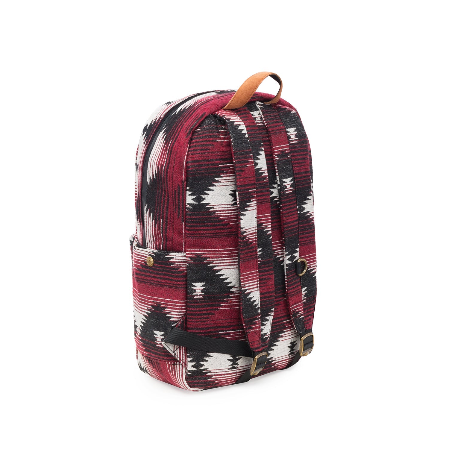 Backpack with a red and black pattern on a white background