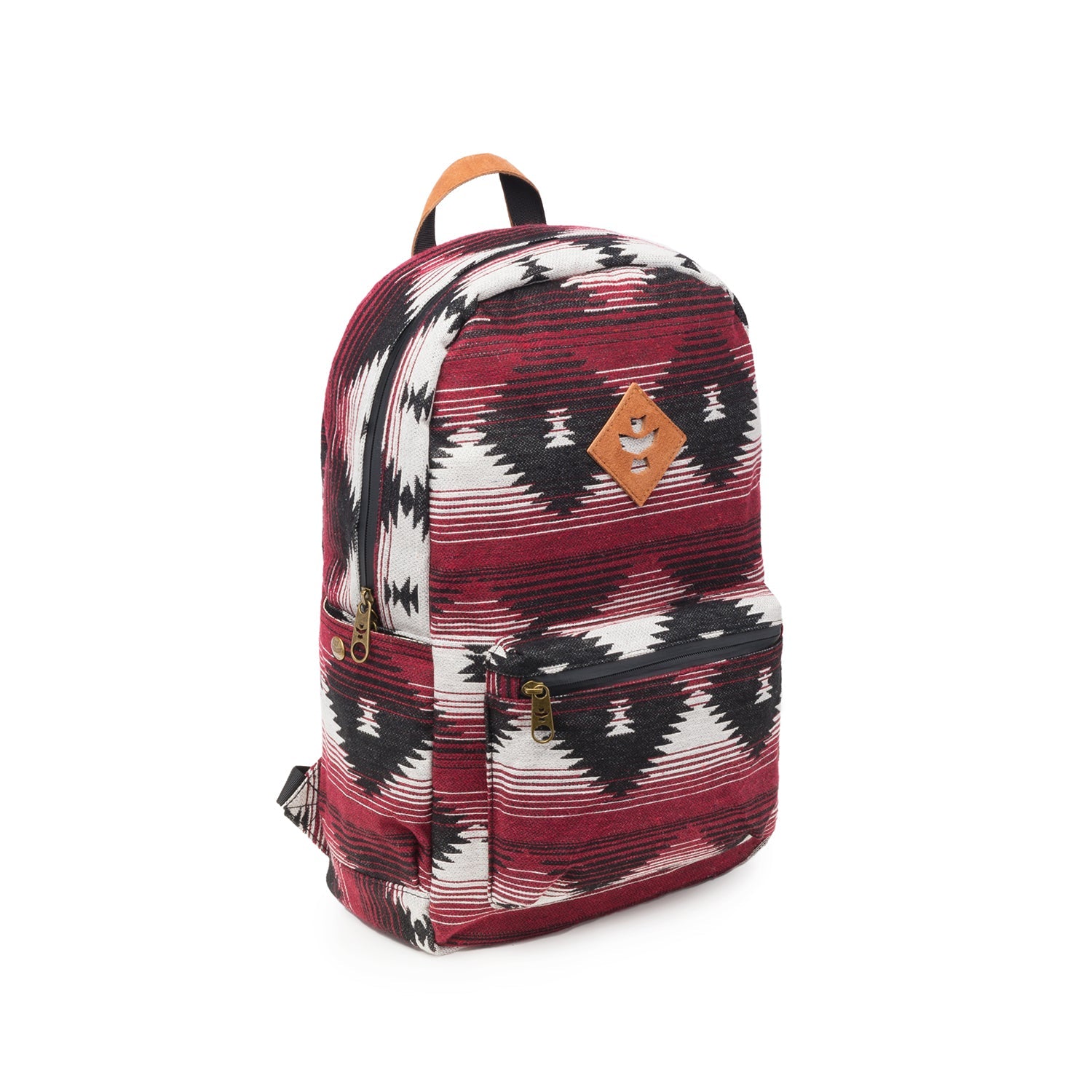 Backpack with a red and black pattern on a white background