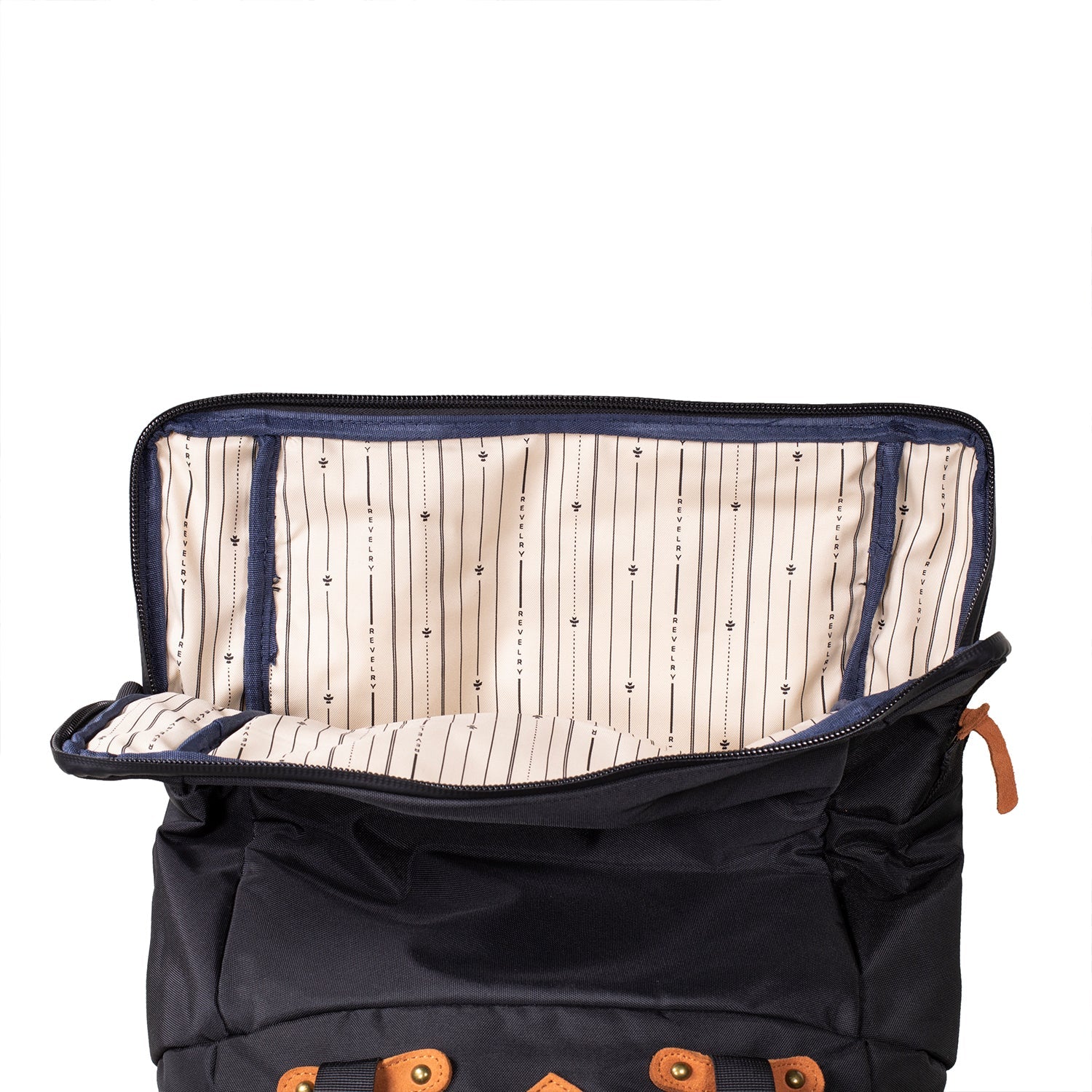 Black backpack with open front compartment showing beige interior on a white background