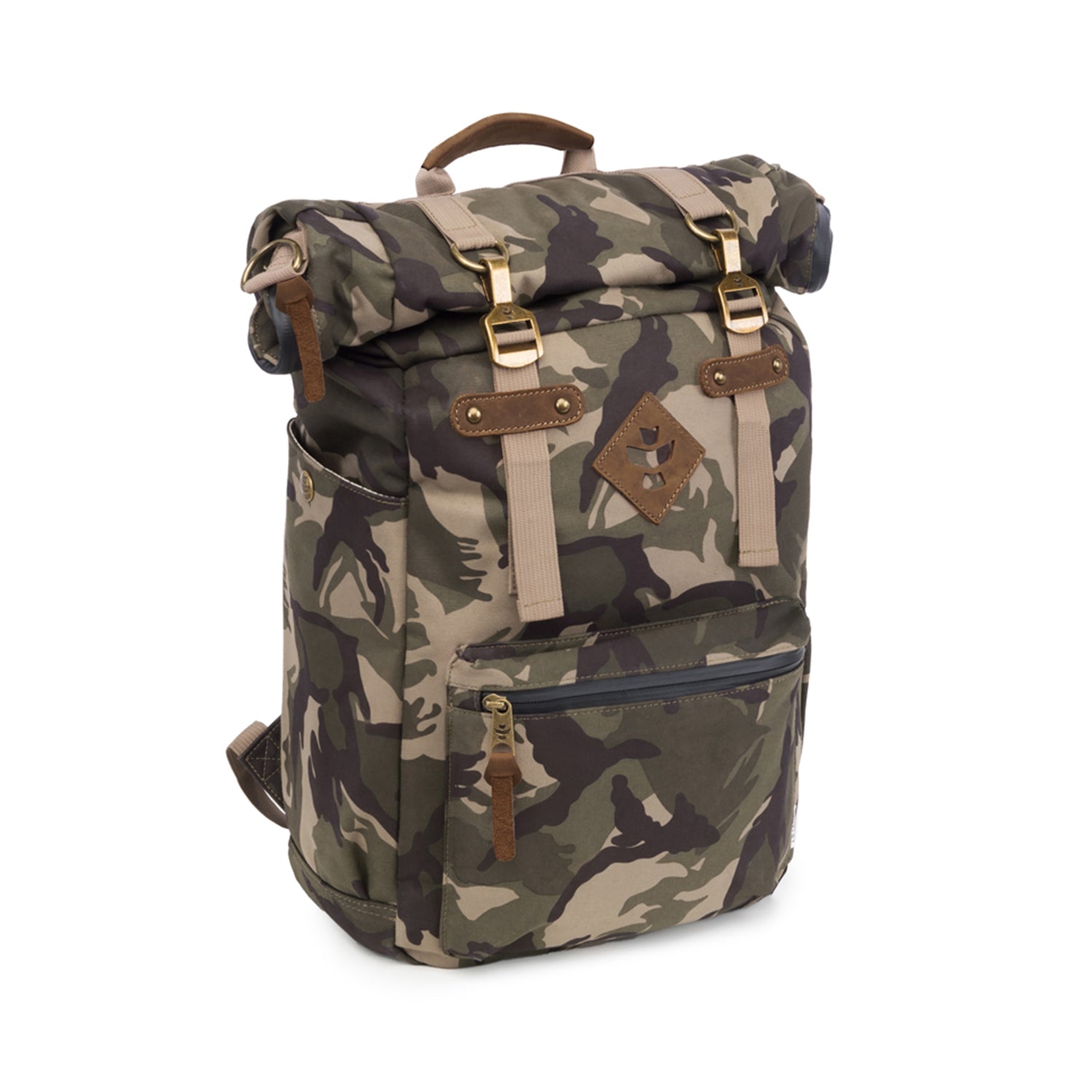 Camouflage backpack with brown accents on a white background