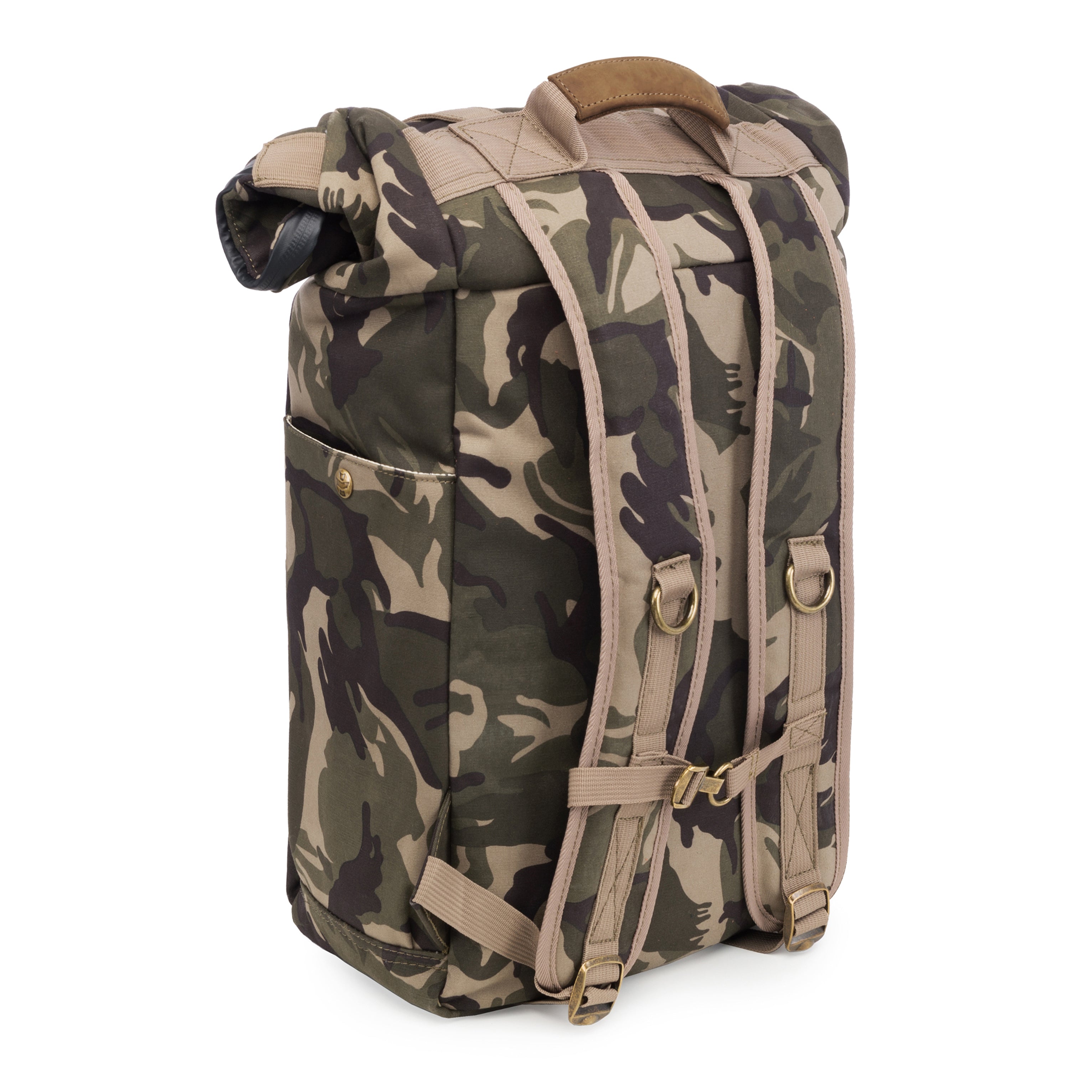 Camouflage backpack with brown straps on a white background