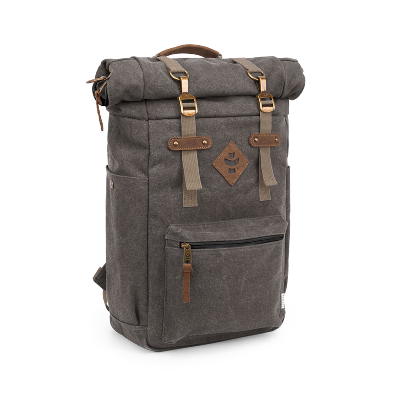 Gray backpack with brown accents on a white background