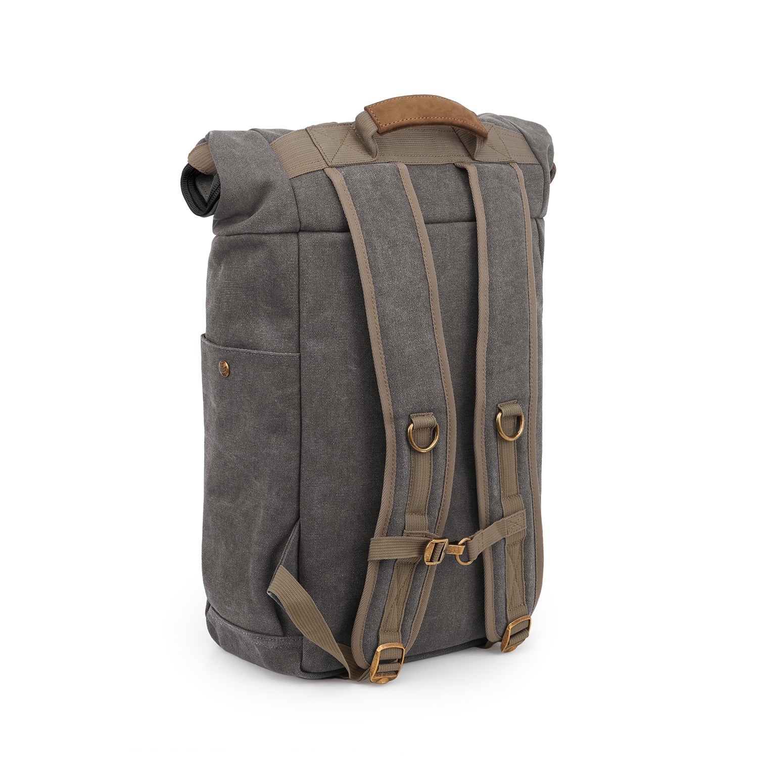Gray backpack with brown straps on a white background