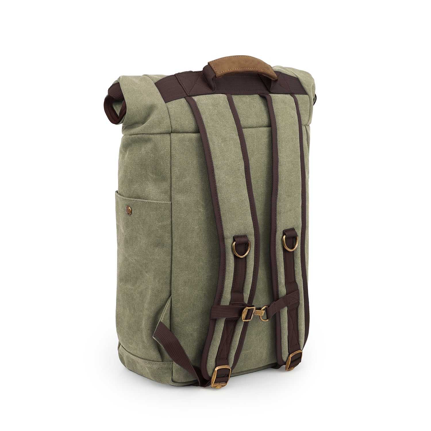 Green backpack with brown straps on a white background