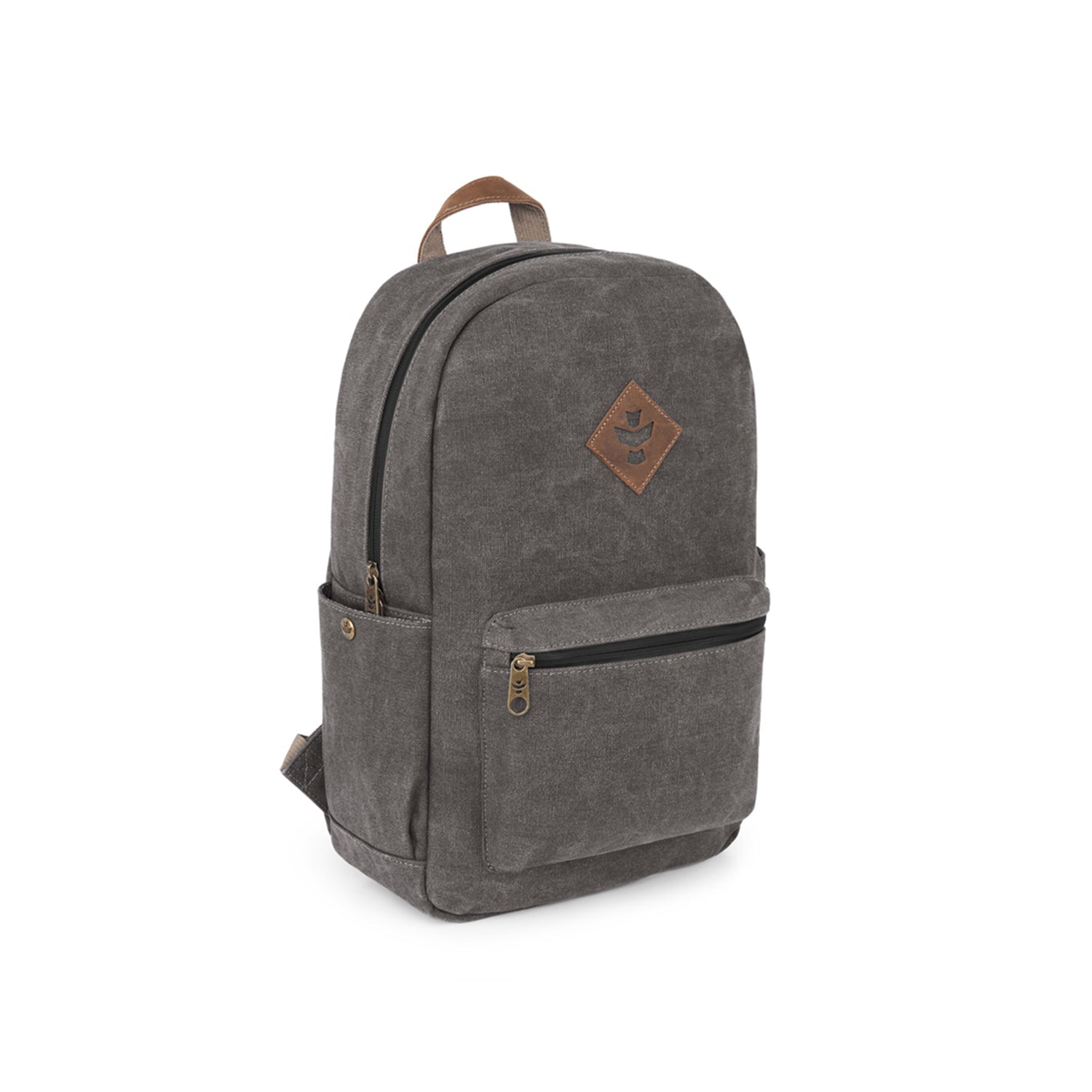 Gray backpack with a brown leather patch on a white background