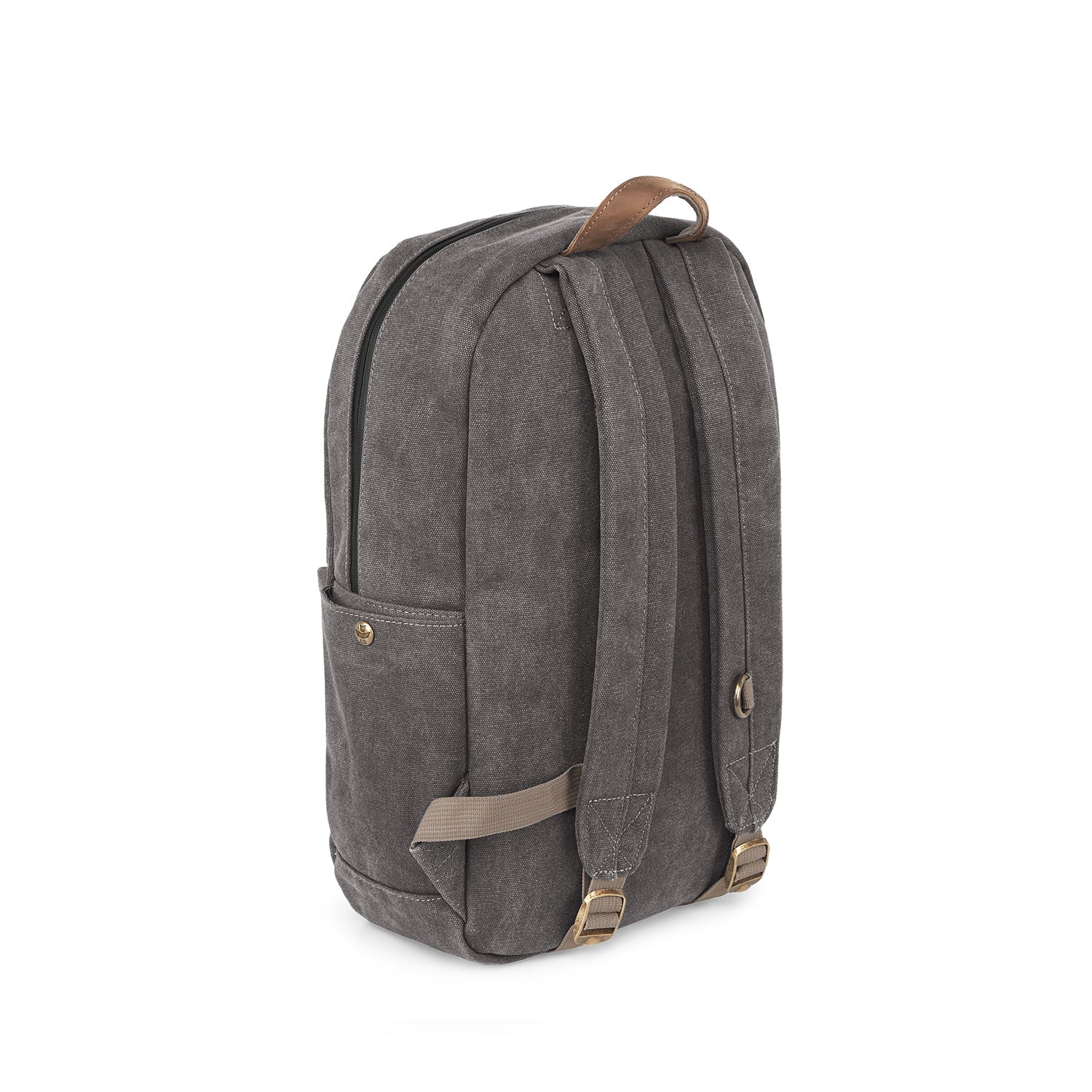 Gray backpack with brown straps on a white background