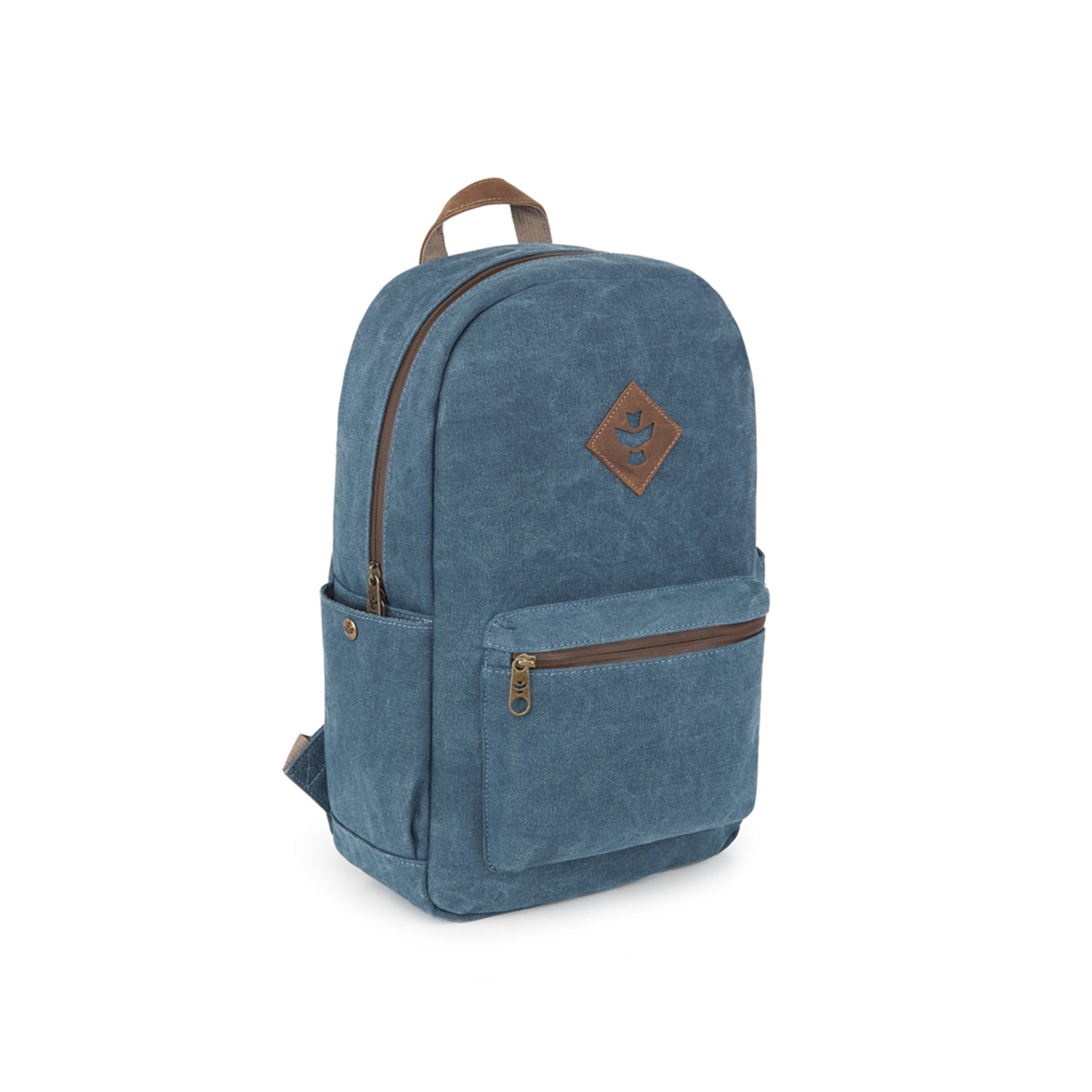 Blue backpack with brown accents on a white background