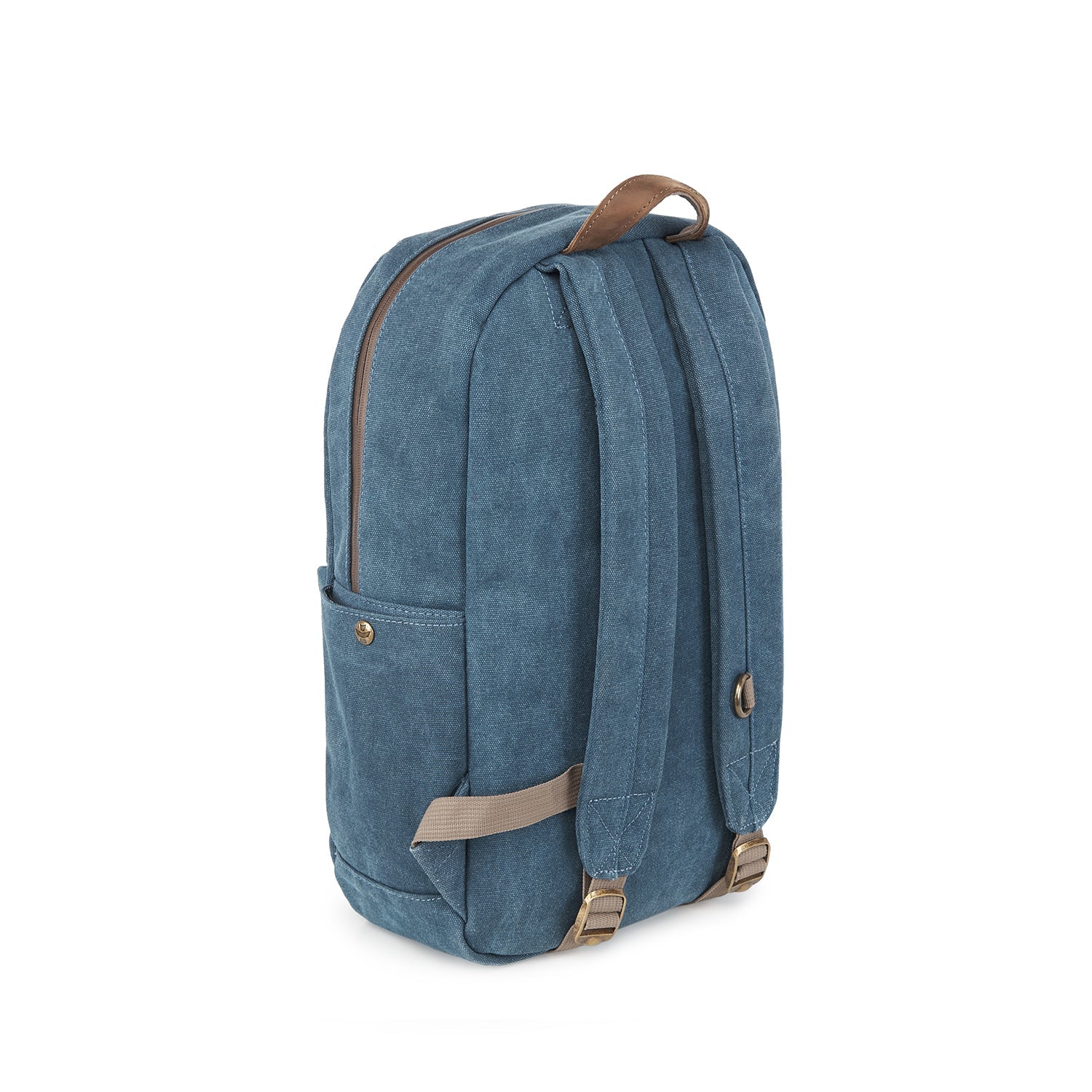 Blue backpack with brown straps on a white background