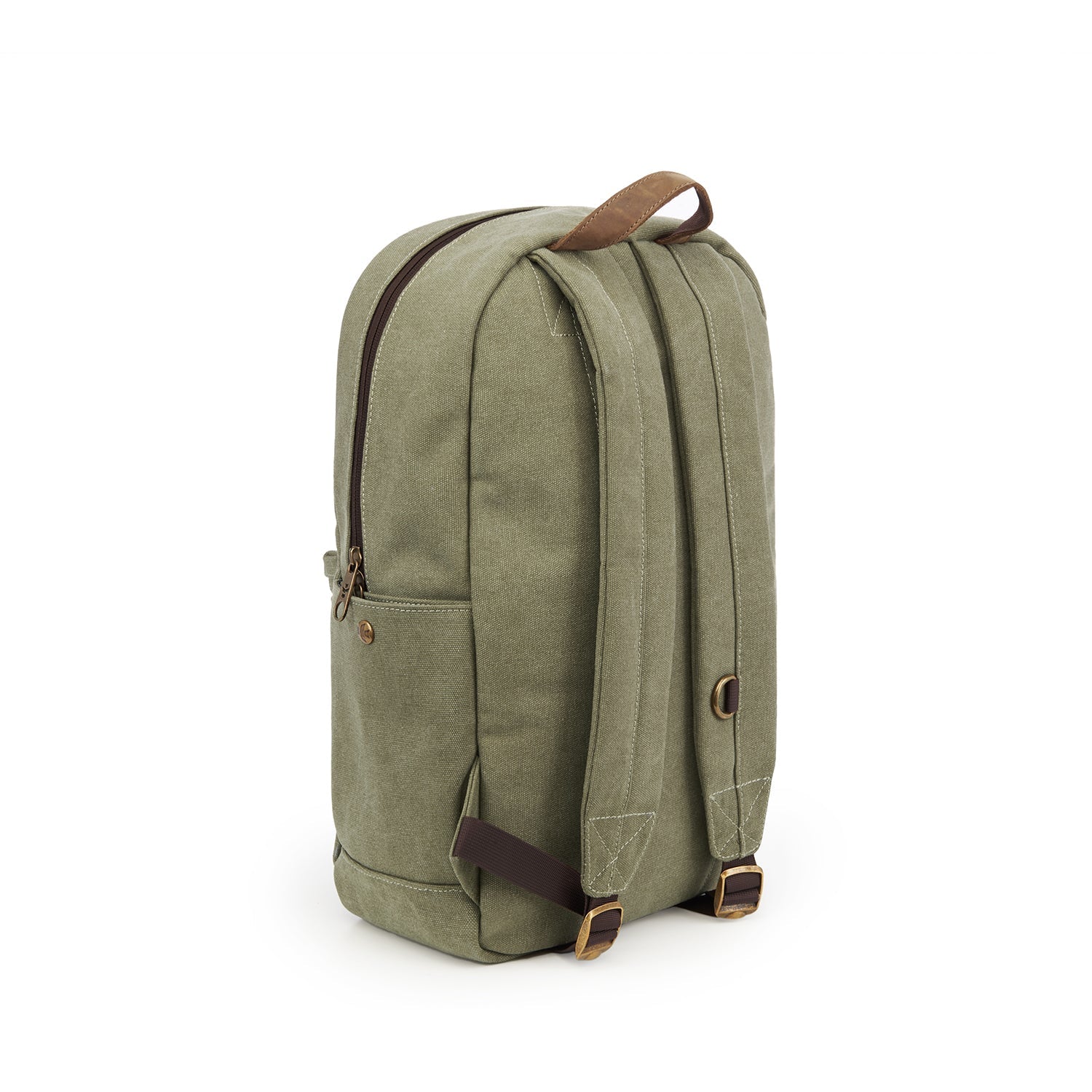Green backpack with brown straps on a white background