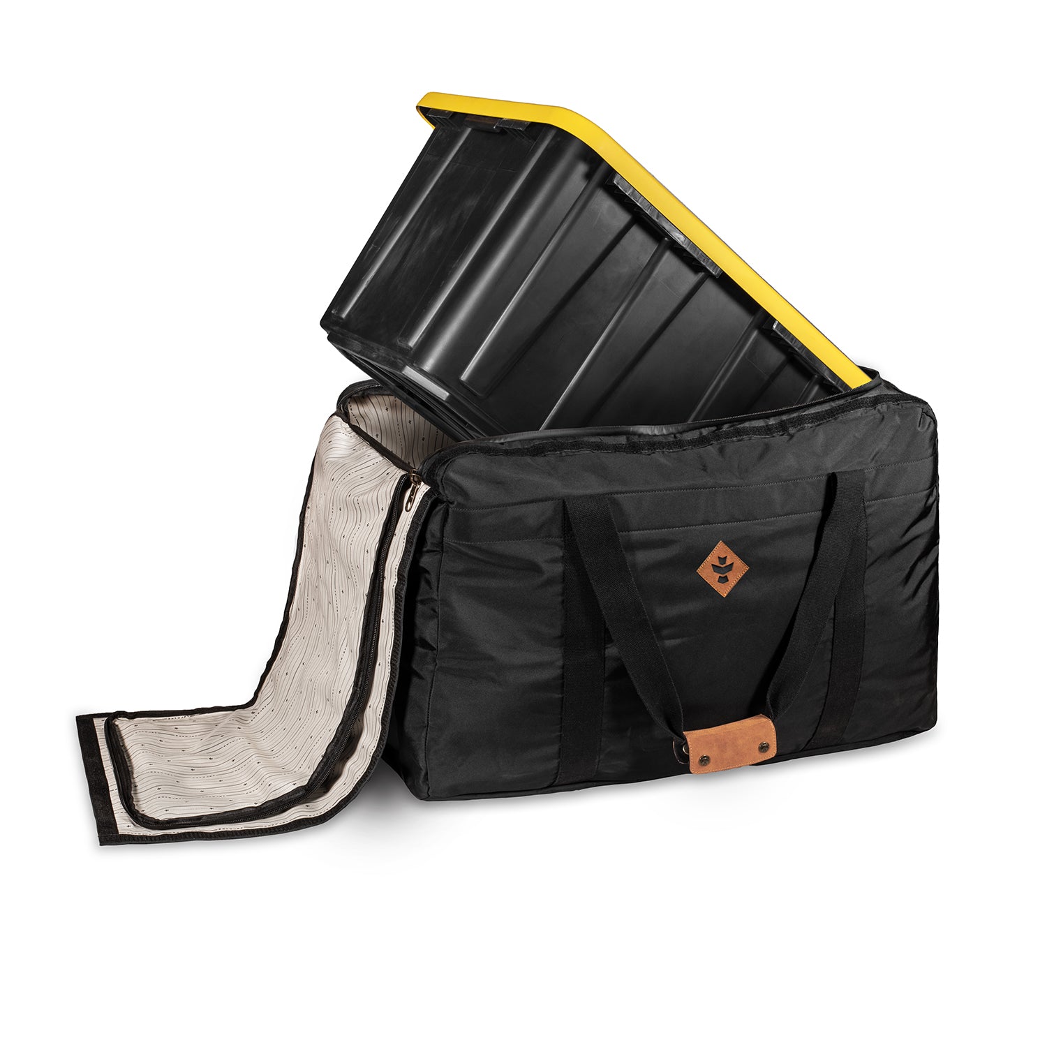 Black and yellow storage bin with a carrying handle on a white background