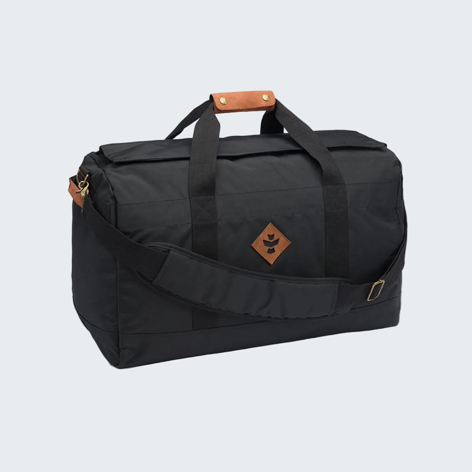 Black duffel bag with brown accents on a white background