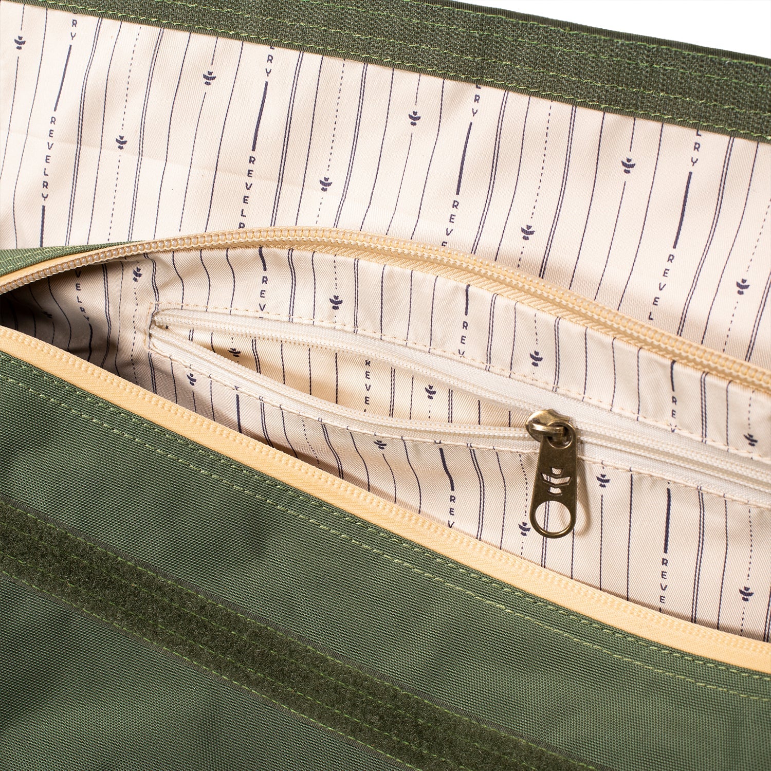 Green bag with a zipper and striped lining