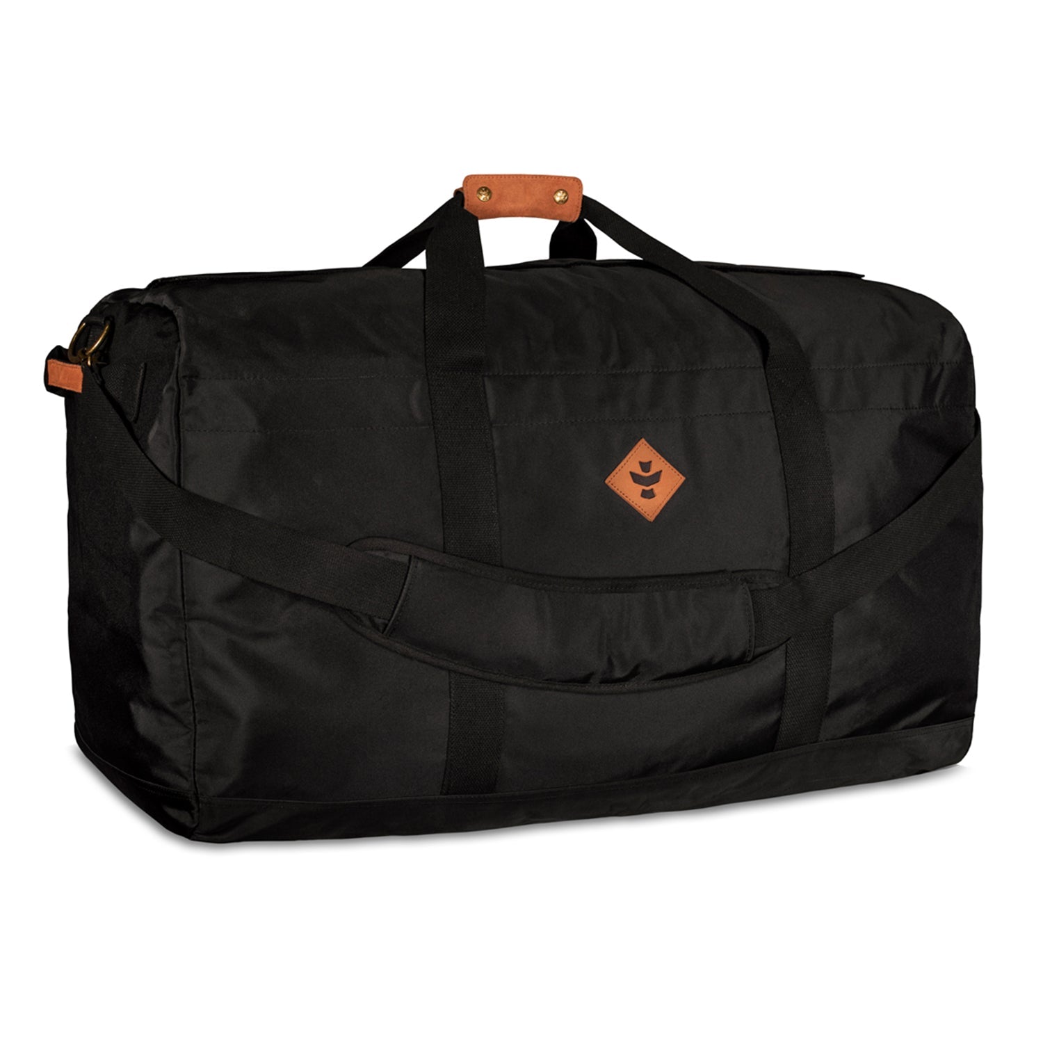Black duffel bag with brown handles on a white background