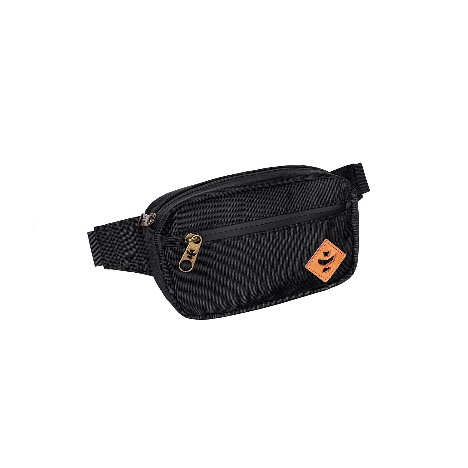 Black waist bag with a small orange patch on a white background