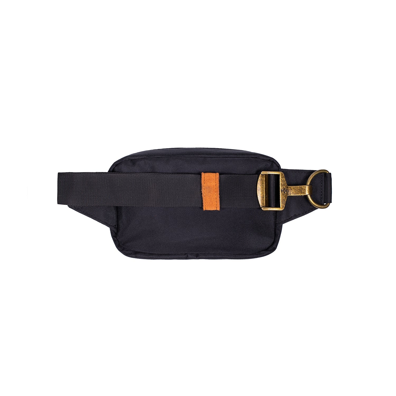 Black waist bag with a gold buckle on a white background