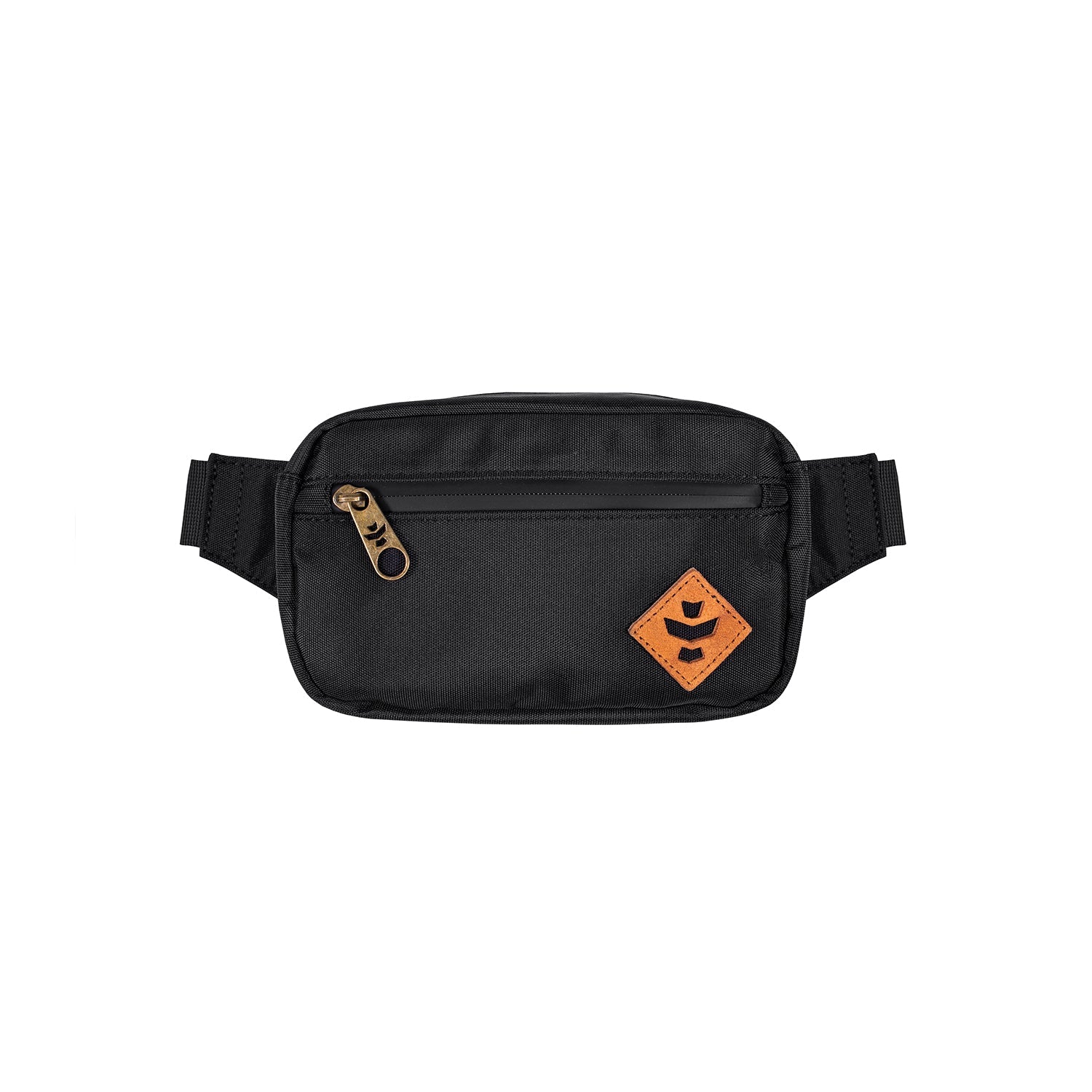 Black waist bag with a gold zipper and orange patch on a white background