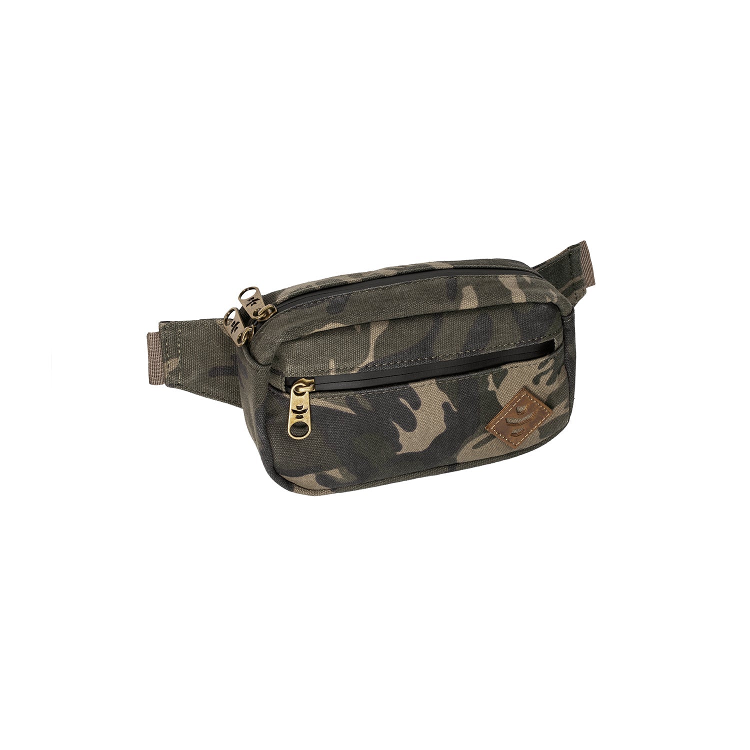 Camouflage-patterned waist bag on a white background