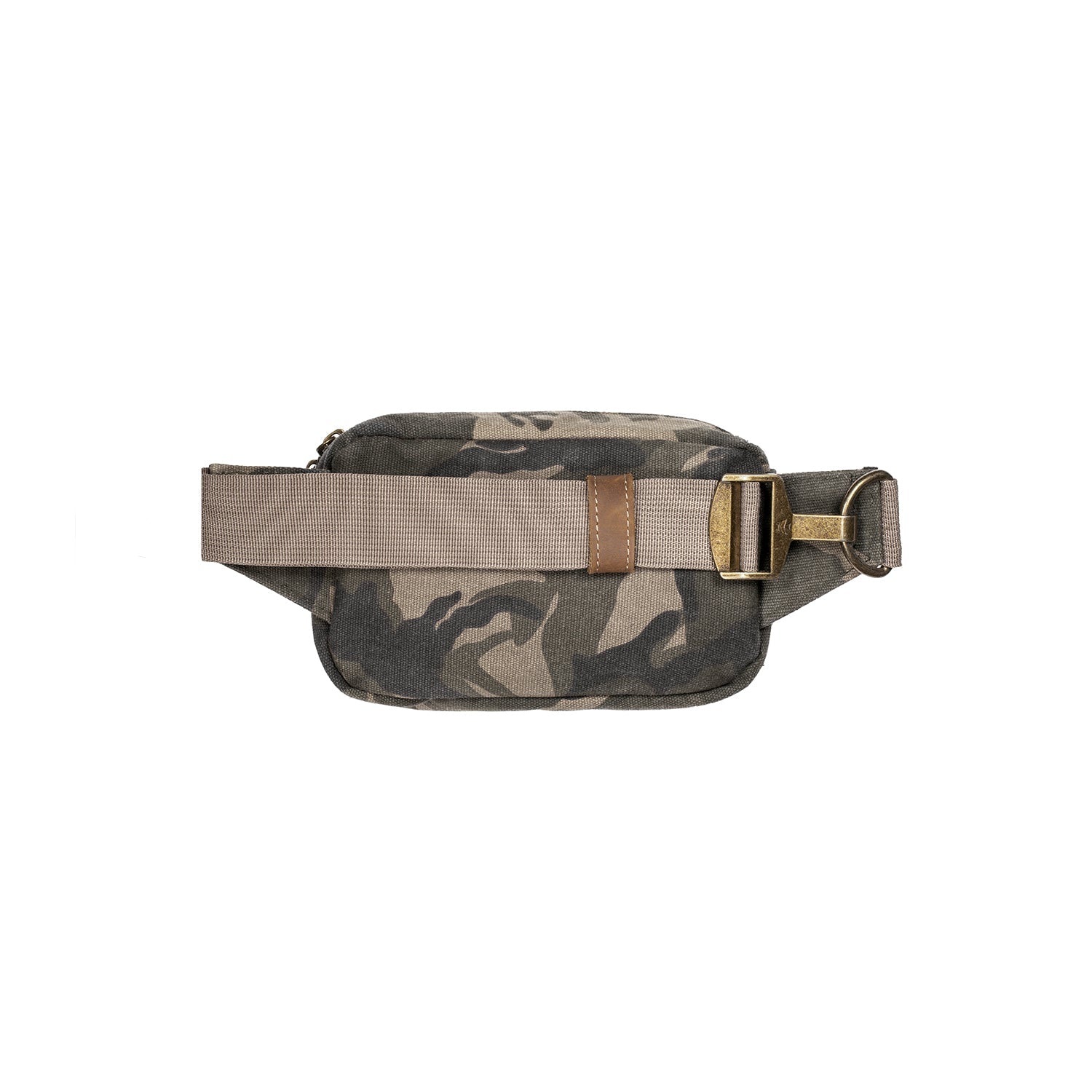 Camouflage-patterned waist bag with a beige strap on a white background