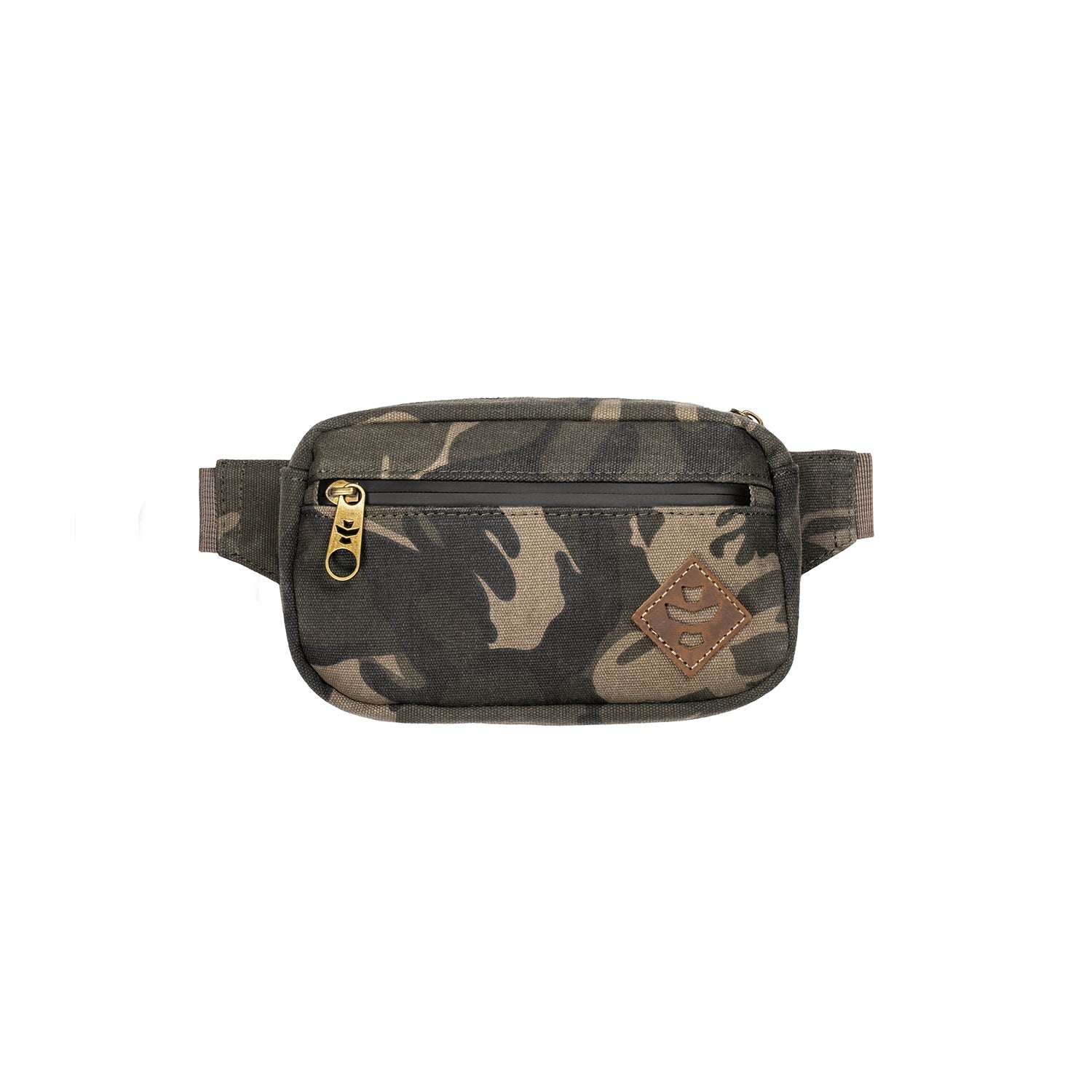 Camouflage-patterned waist bag with gold zipper on a white background
