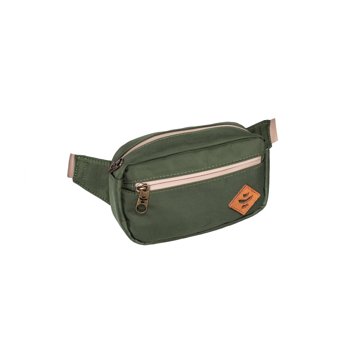 Green waist bag with a zipper on a white background