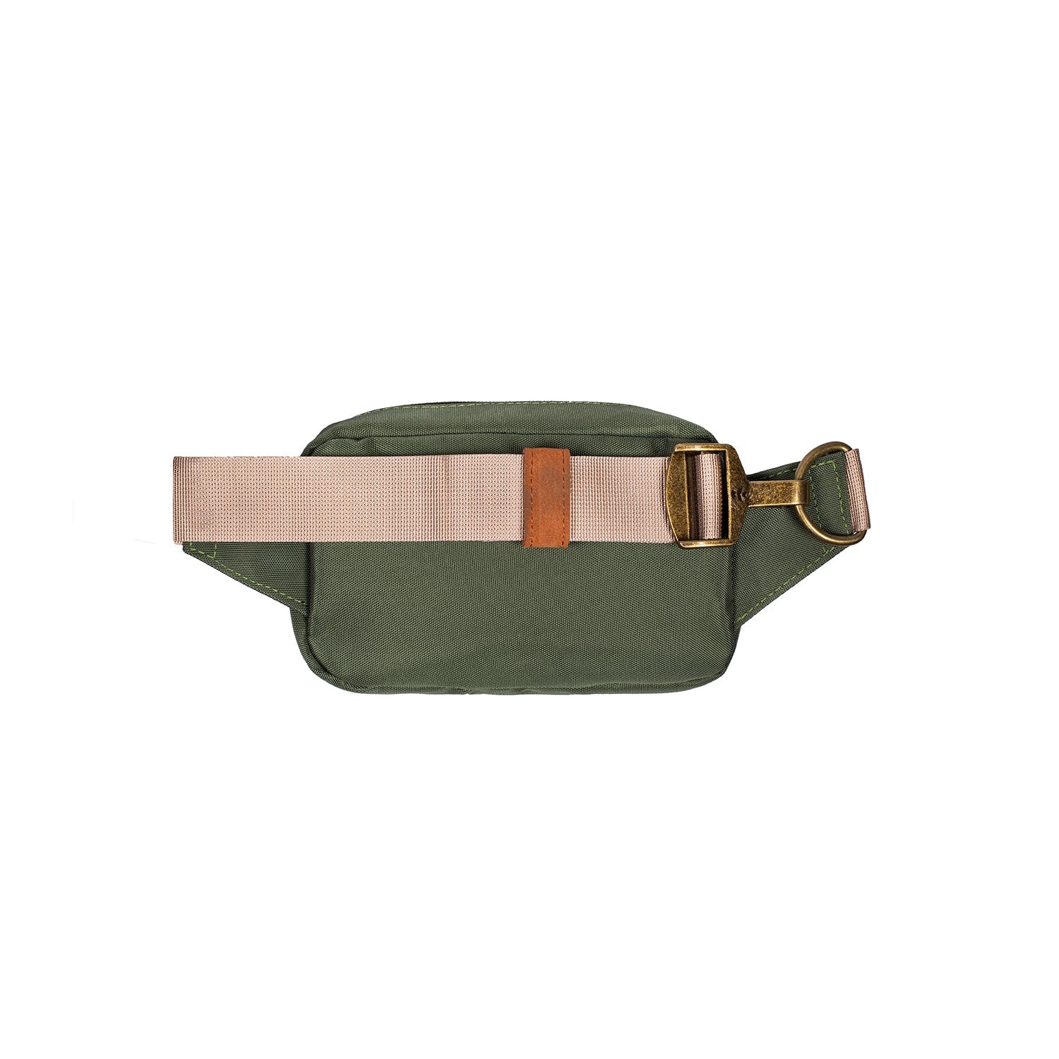 Green waist bag with beige strap and gold buckle on a white background