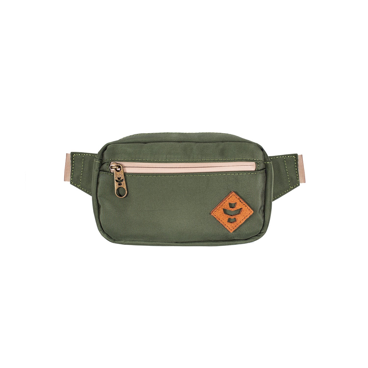 Green waist bag with a visible brand logo on a white background