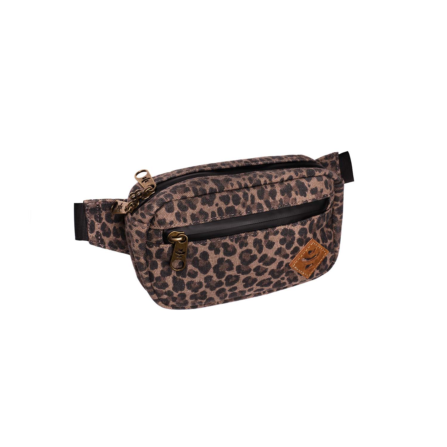 Leopard print waist bag with gold zipper and logo on a white background
