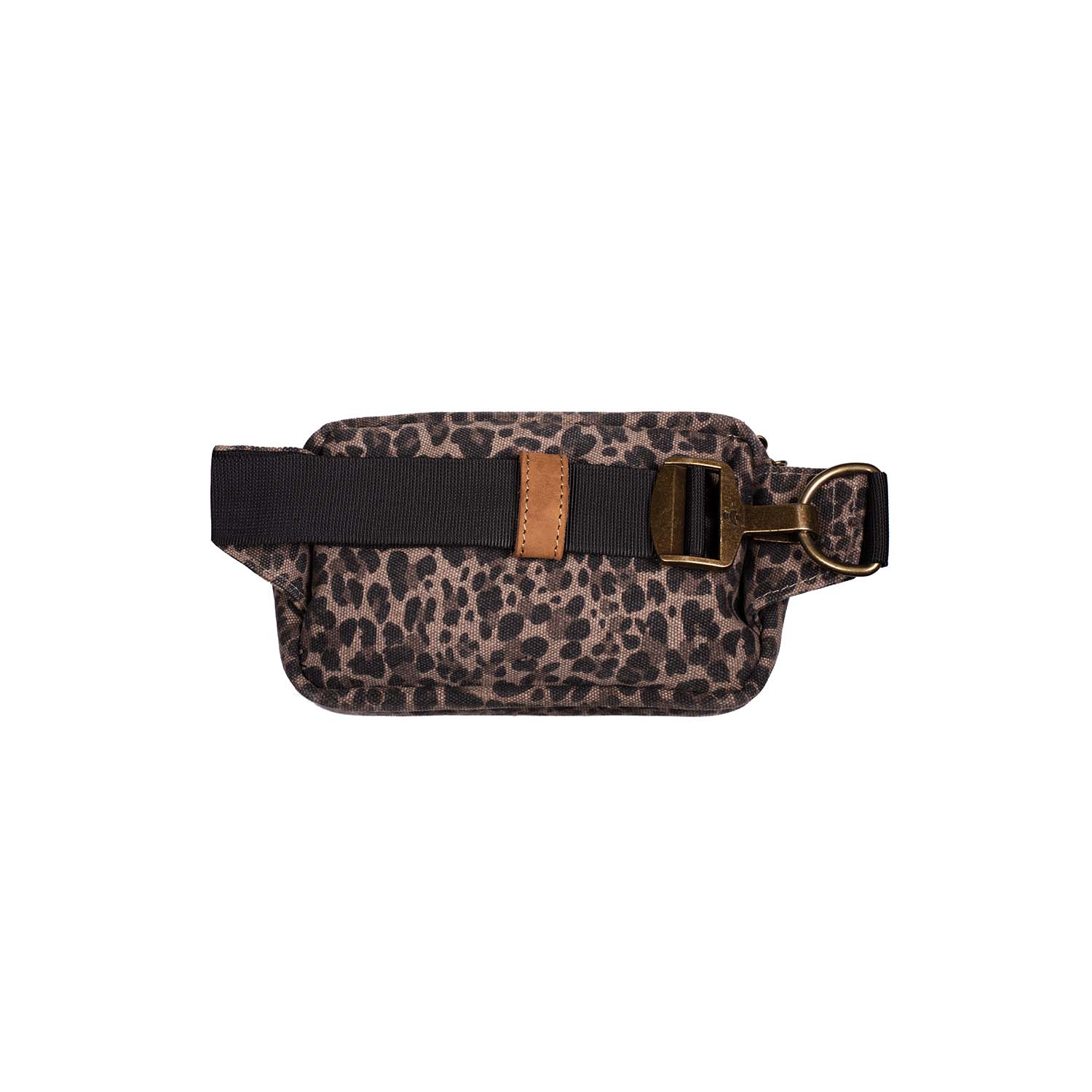 Leopard print waist bag with a black belt and gold buckle on a white background