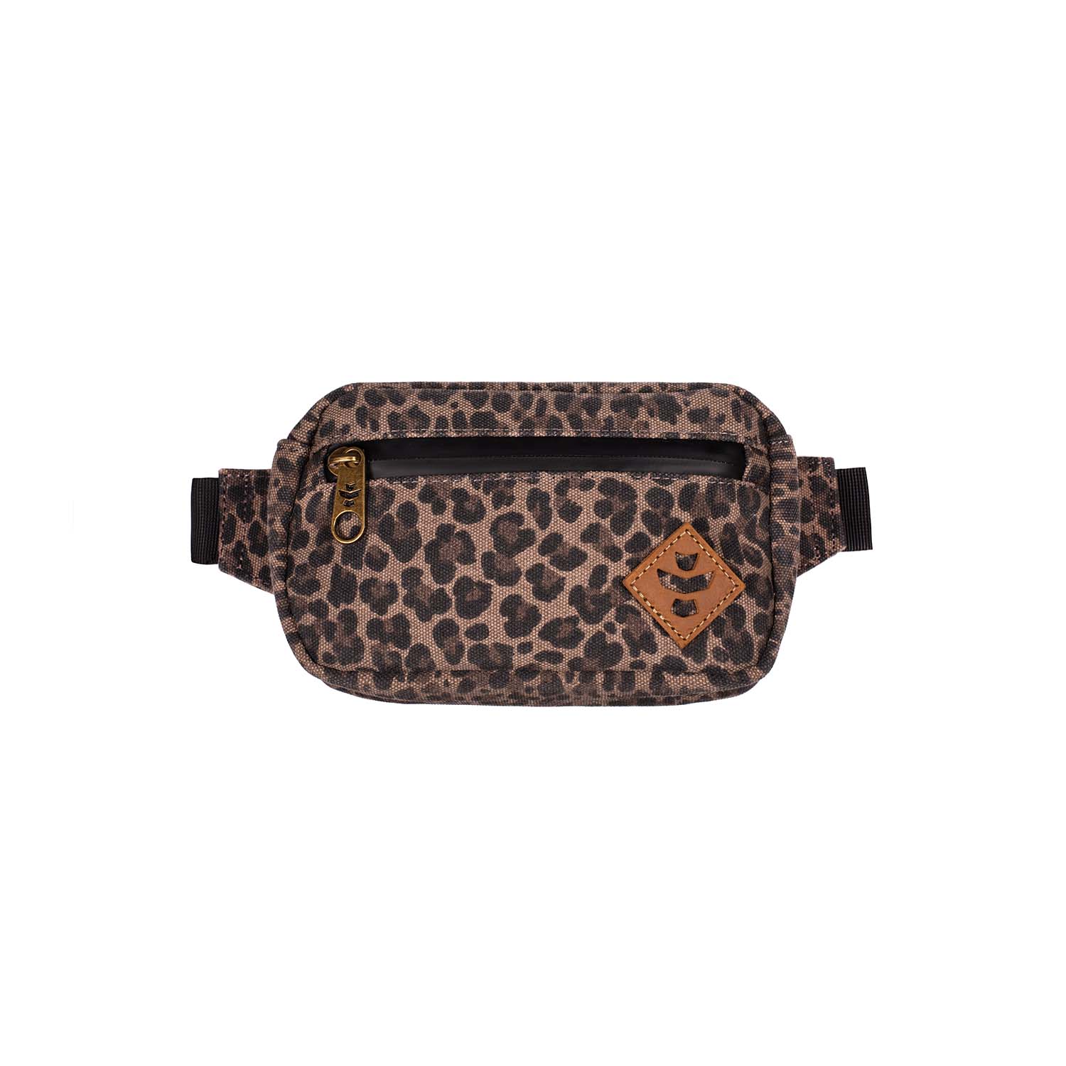 Leopard print fanny pack with a brand logo on a white background