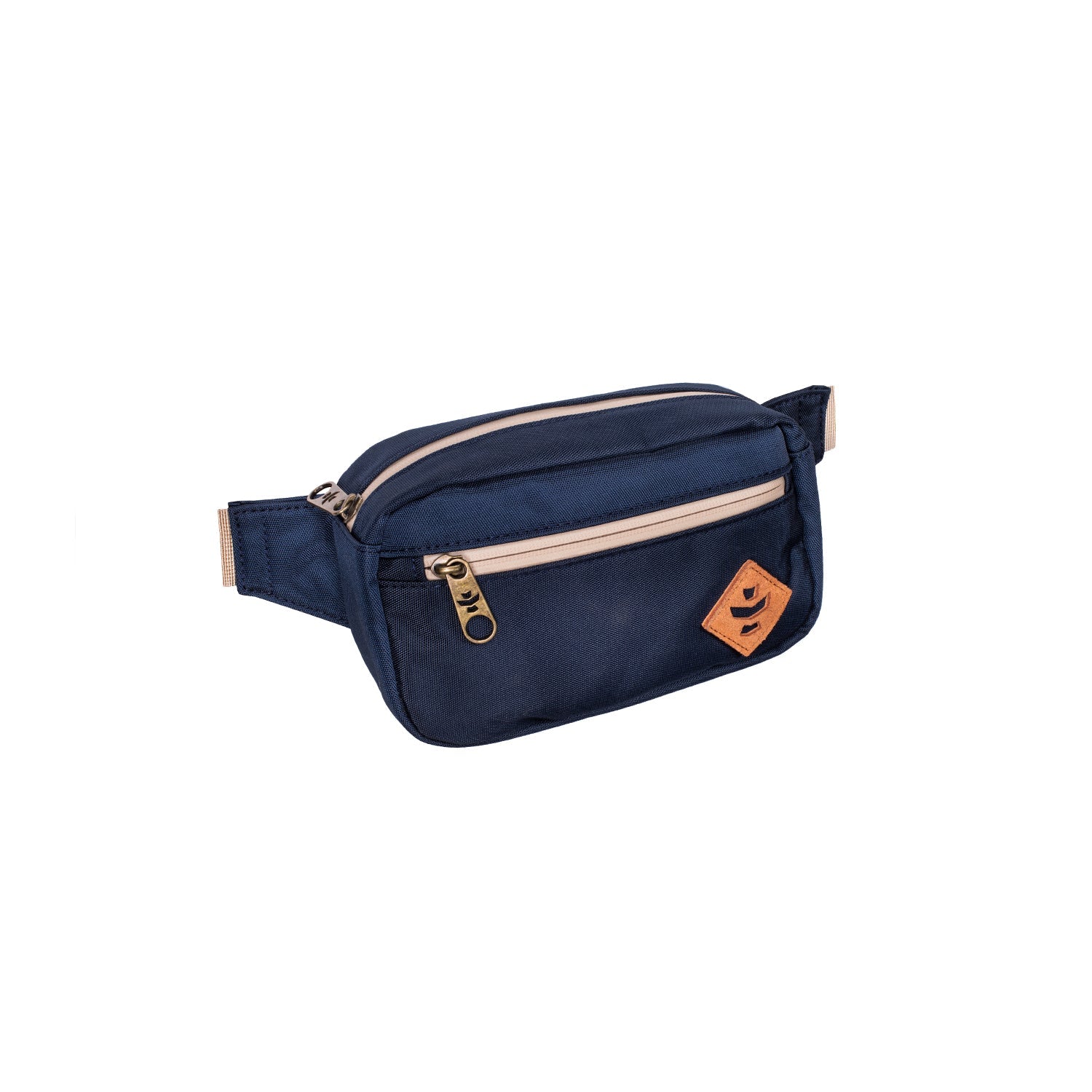 Navy blue waist bag with gold zippers on a white background
