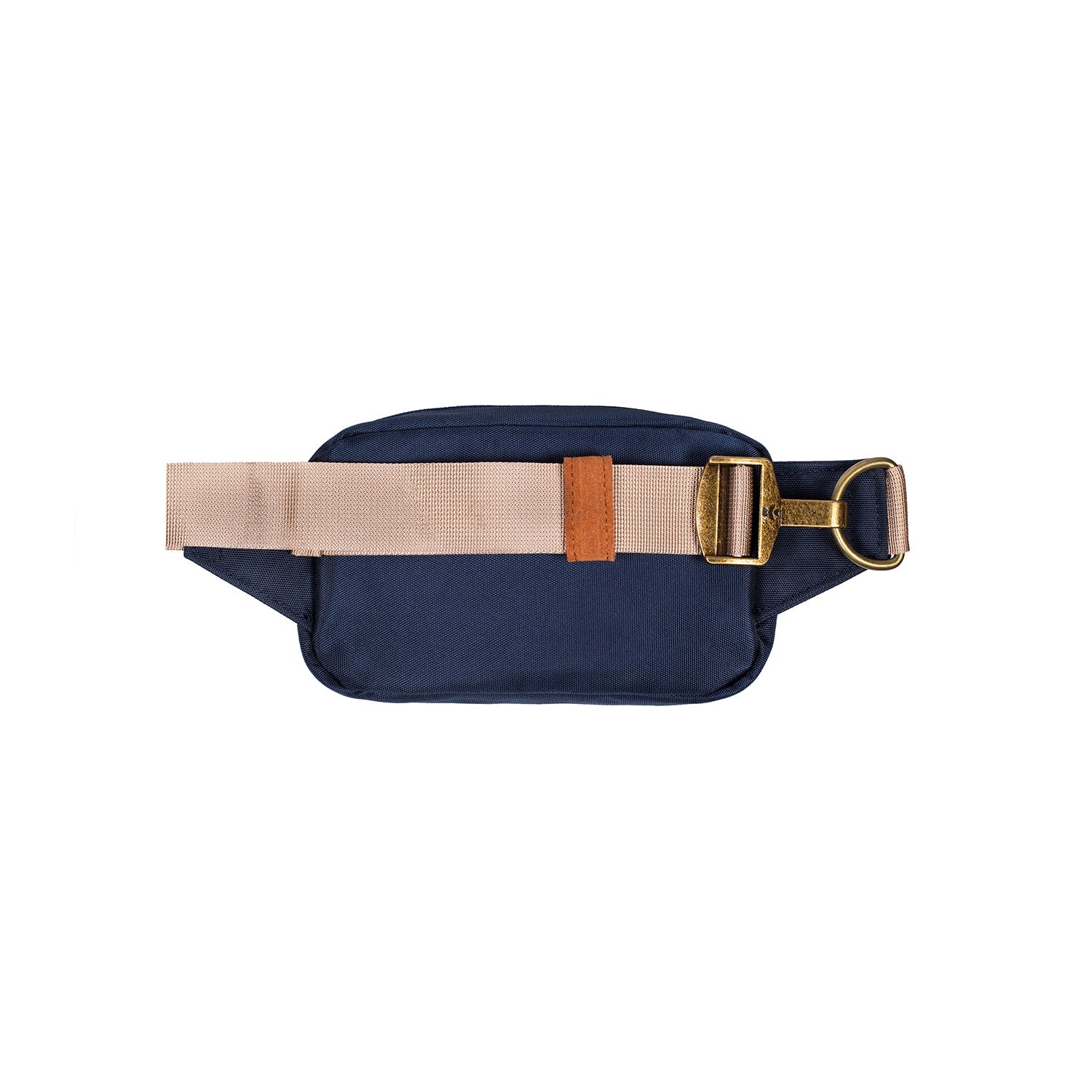 Navy blue waist bag with beige strap and gold buckle on a white background