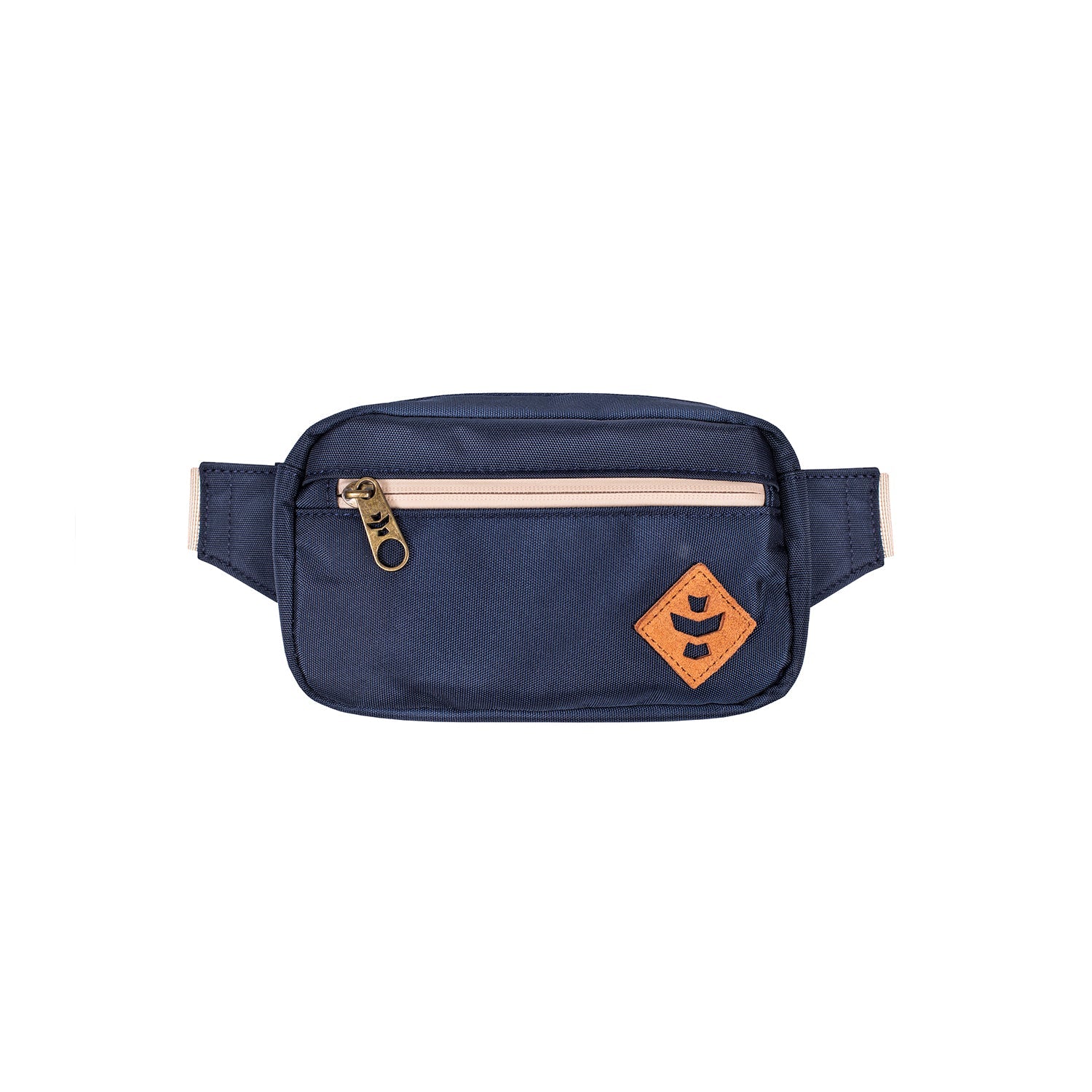 Navy blue waist bag with a gold zipper and orange logo on a white background