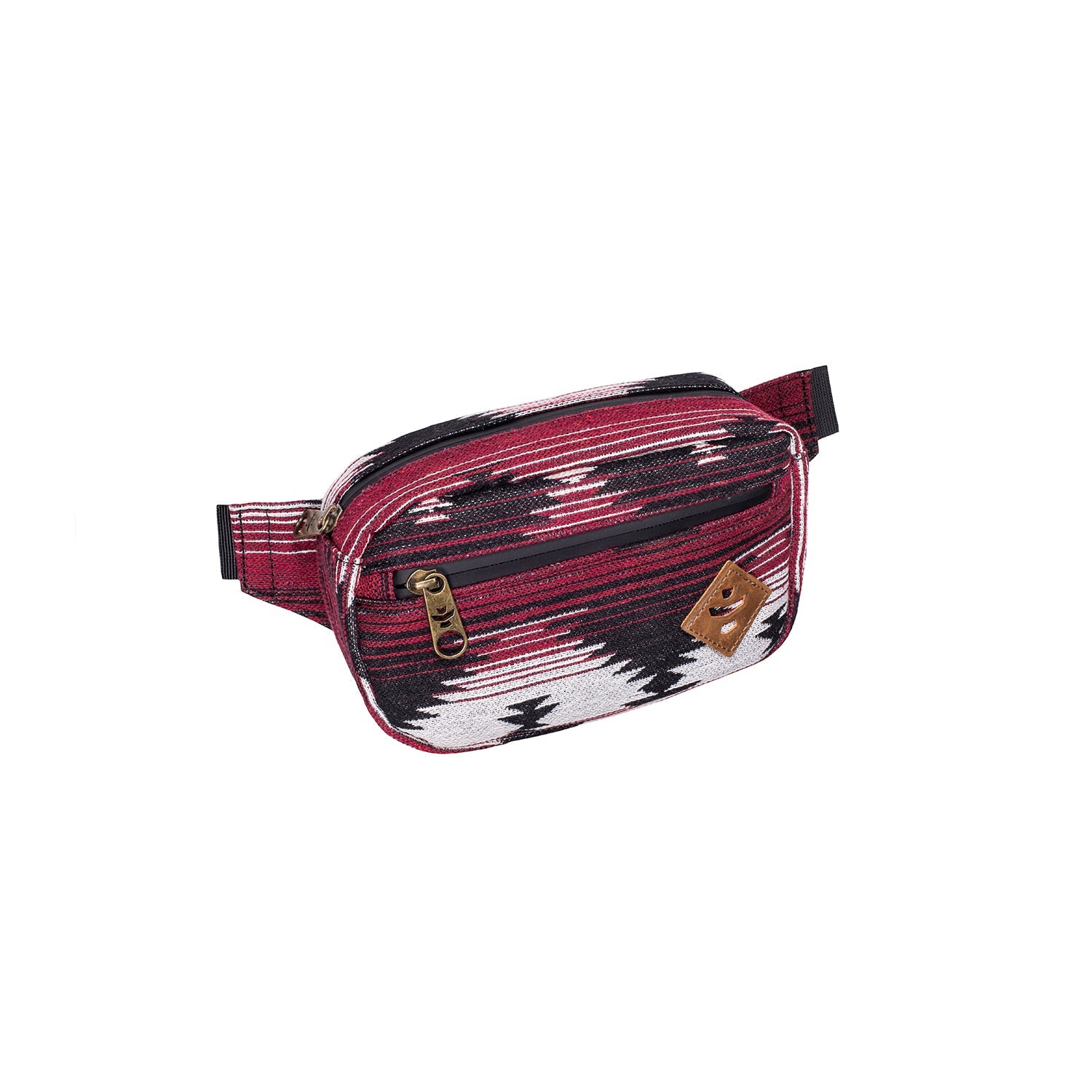 Fanny pack with red, black, and white pattern on a white background