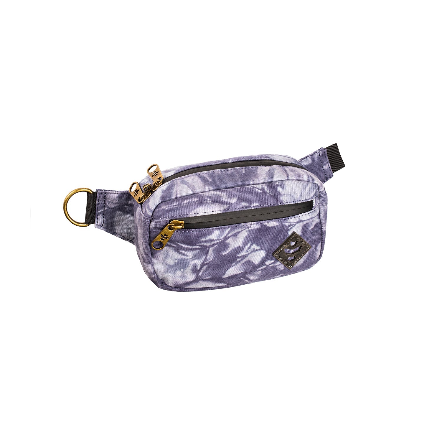 Purple tie-dye fanny pack with gold zippers on a white background