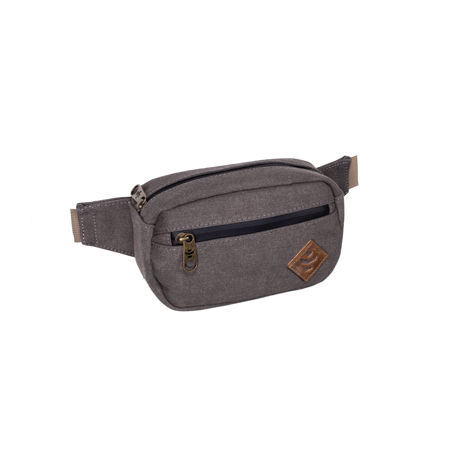Gray waist bag with a black zipper on a white background