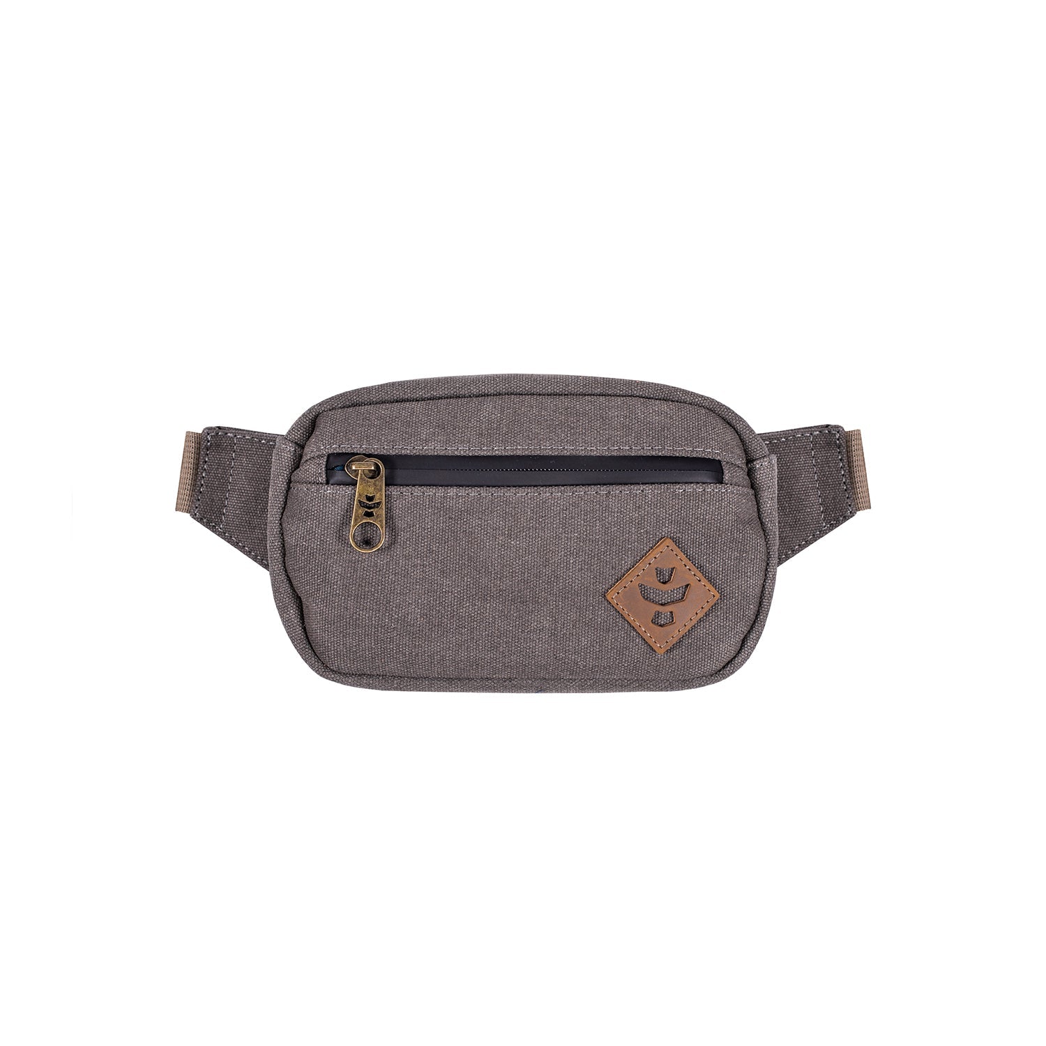 Gray waist bag with a brown patch on a white background