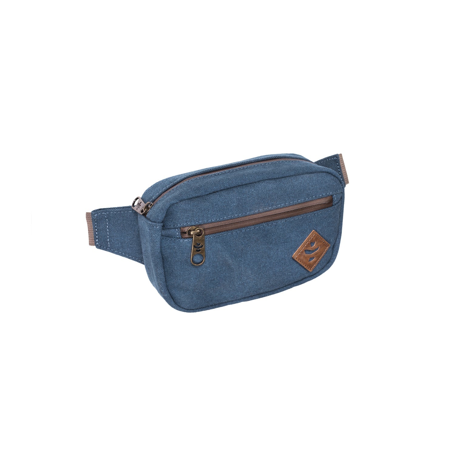 Blue waist bag with brown zipper and accents on a white background