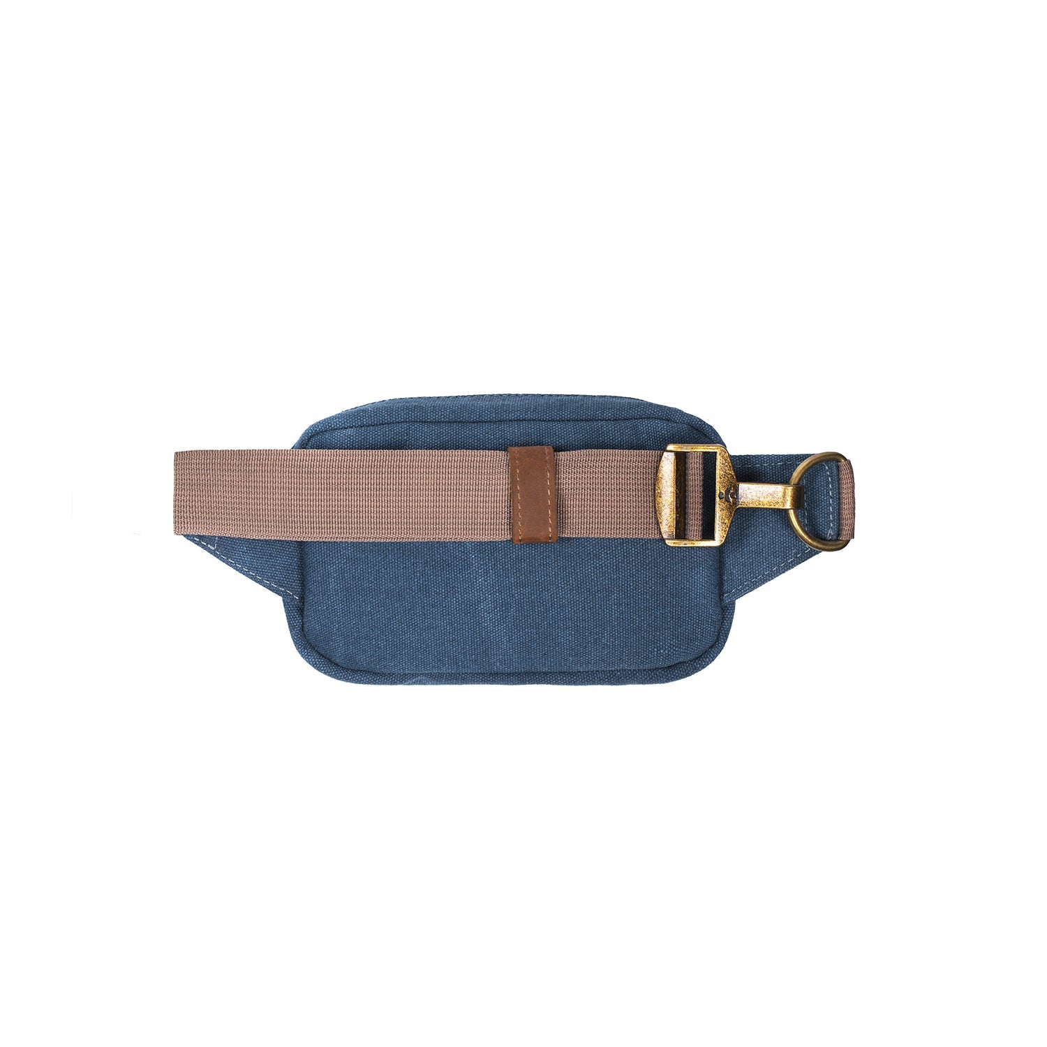 Blue waist bag with a brown belt and gold buckle on a white background