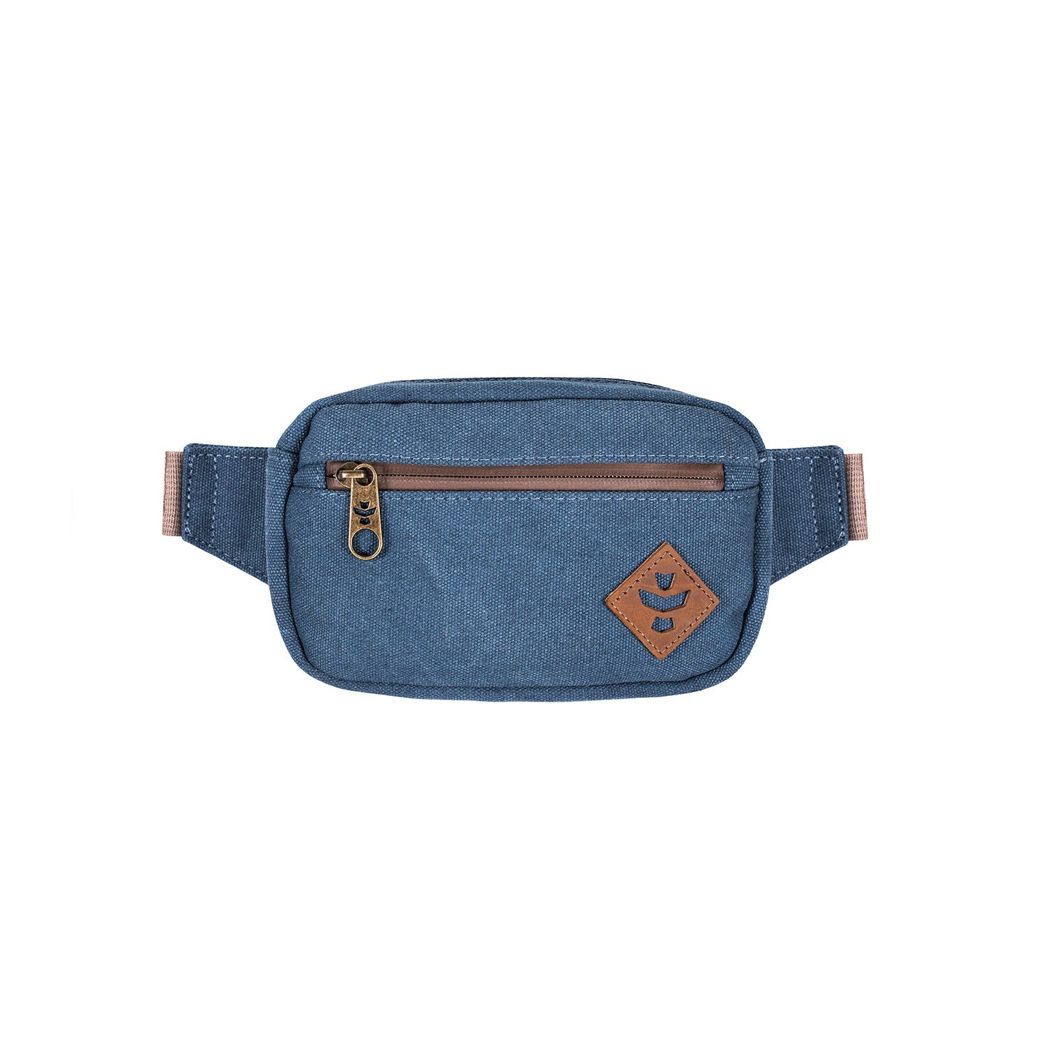 Blue waist bag with a brown zipper and logo on a white background