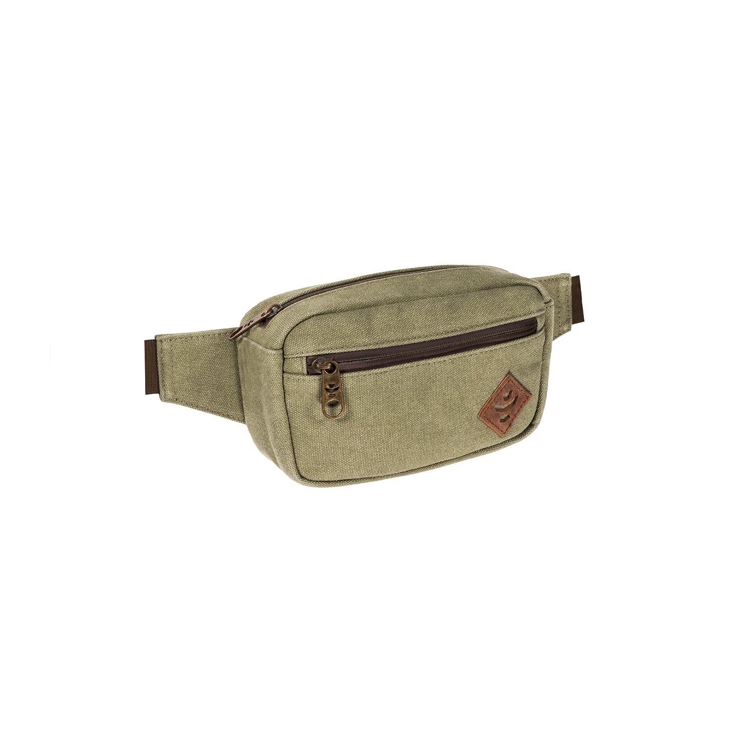 Green waist bag with brown zipper on a white background