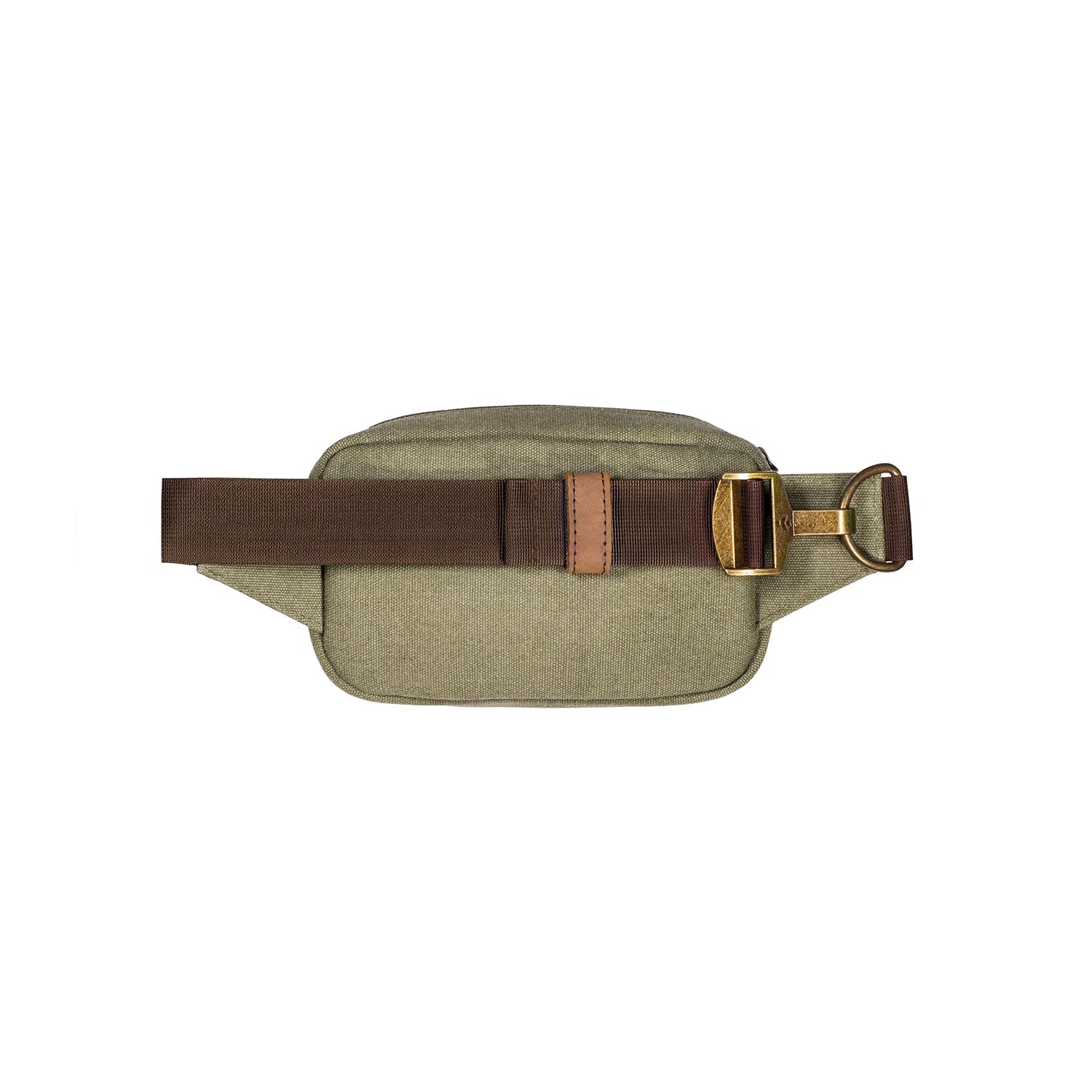 Green waist bag with brown strap on a white background