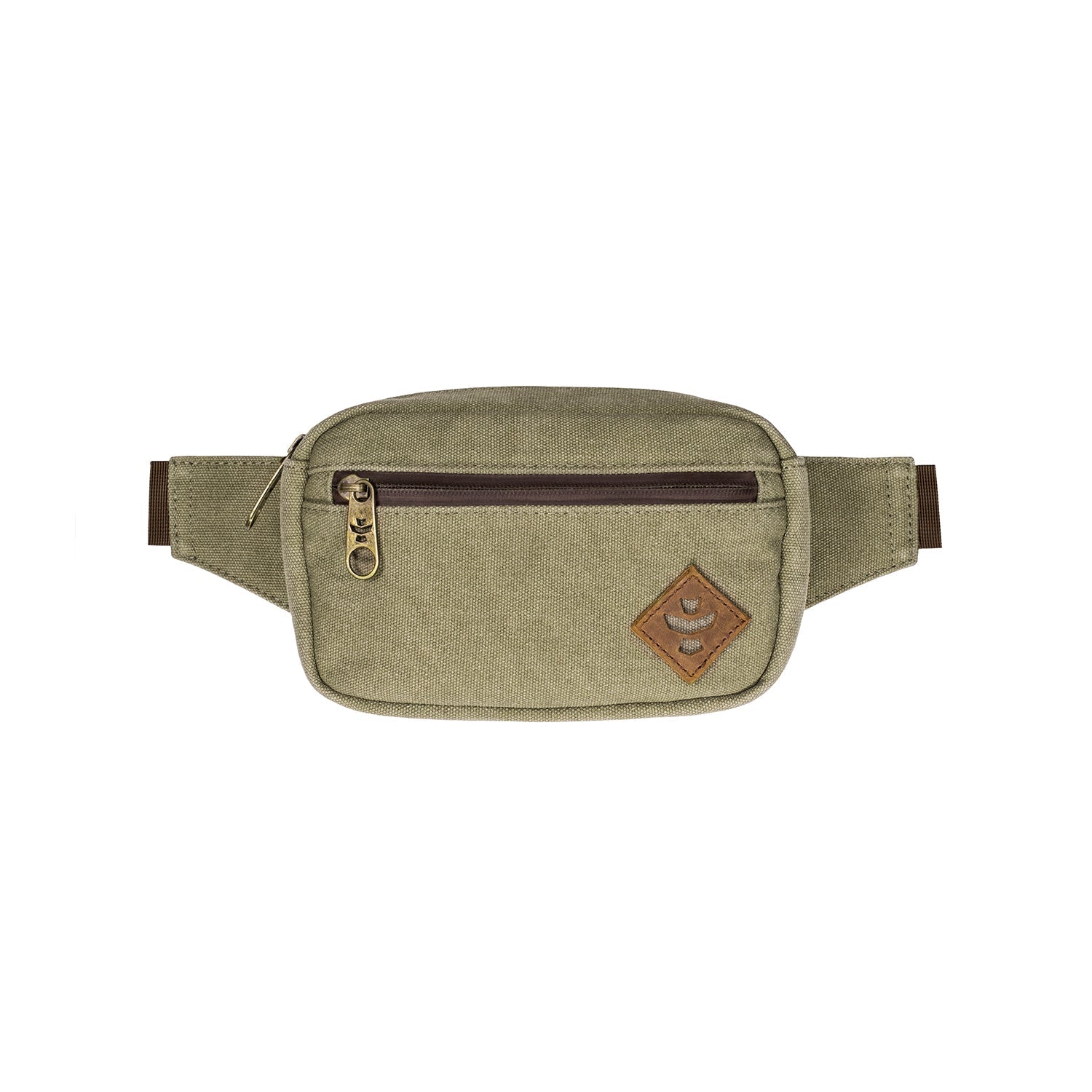 Green waist bag with a brown zipper and logo on a white background
