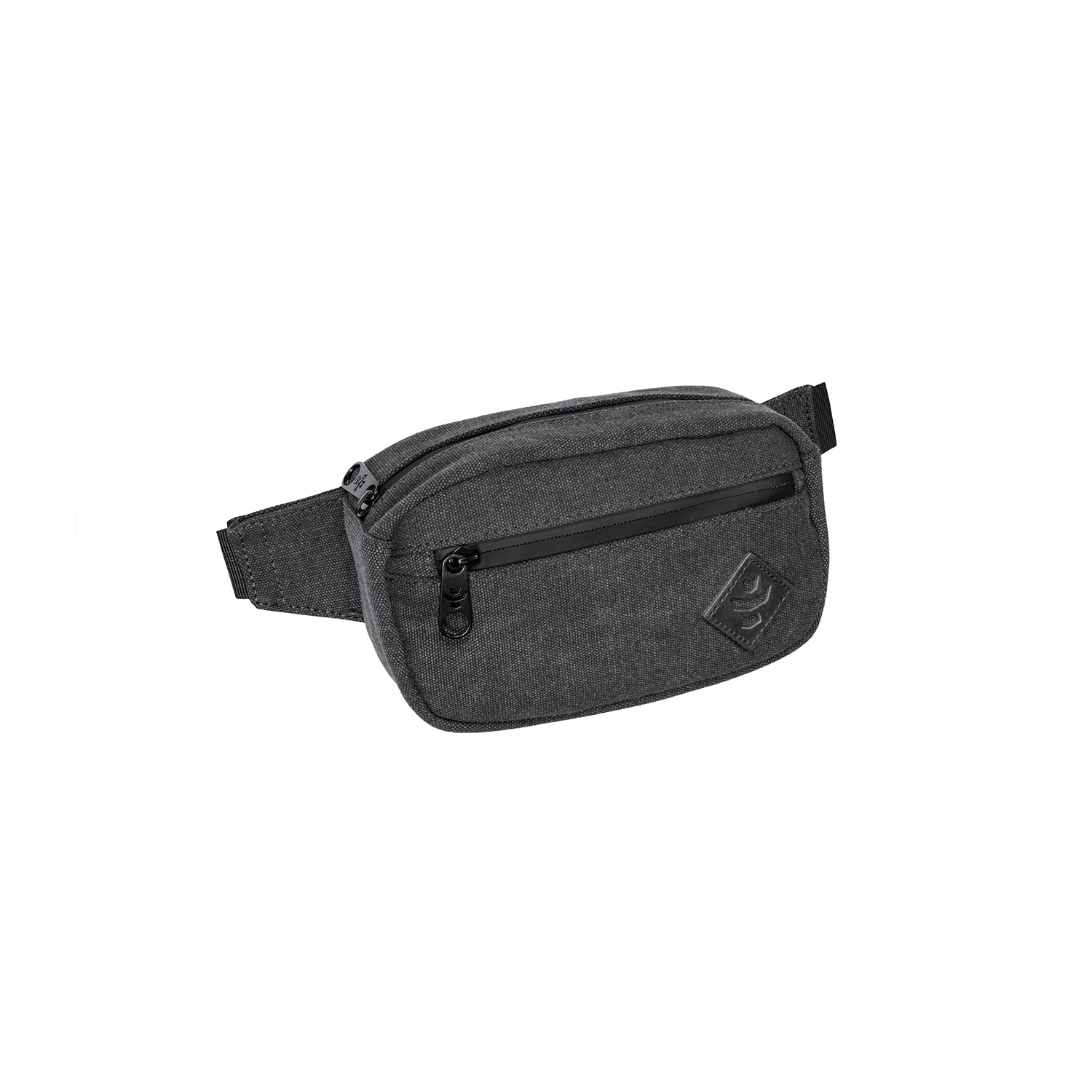 Gray waist bag with a brand logo on a white background